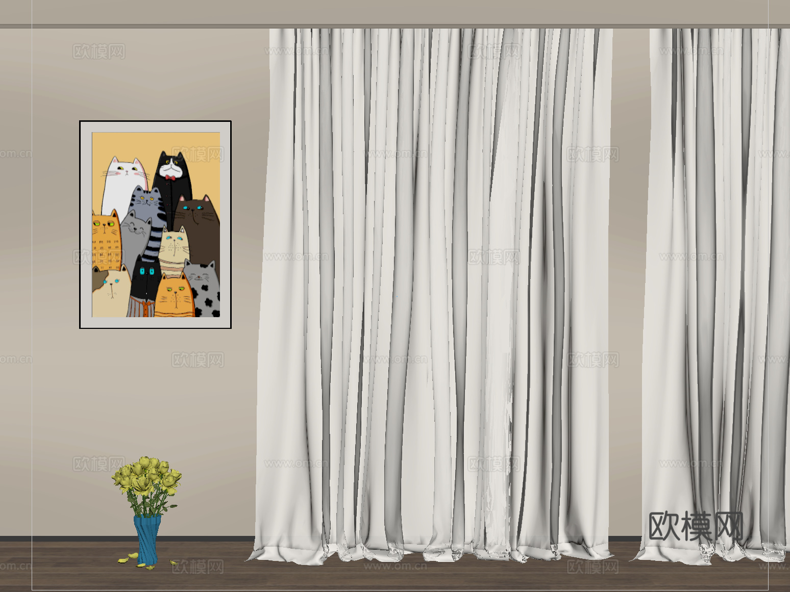 现代窗帘 纱帘 褶帘su模型