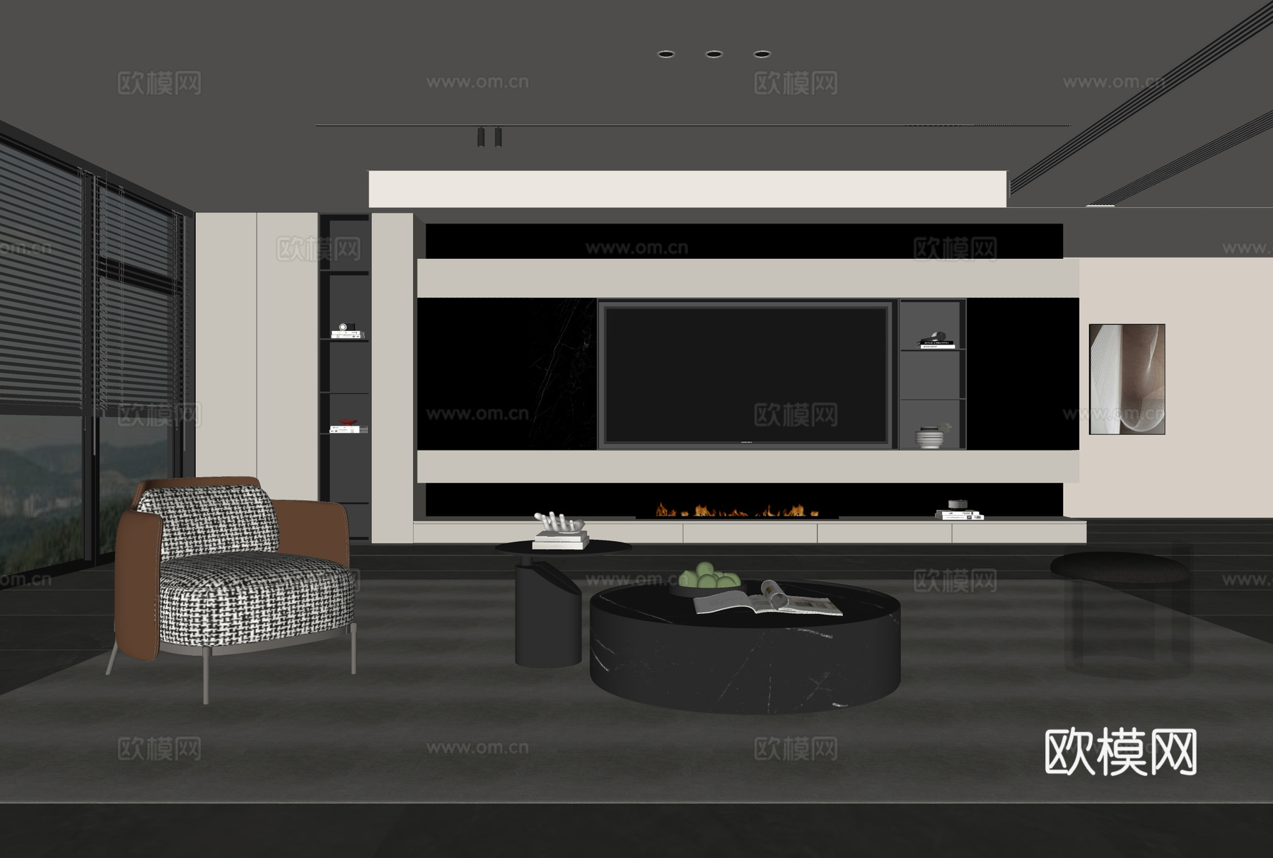 意式客厅 现代客厅 电视背景墙 电视柜 客厅背景 沙发茶几组su模型