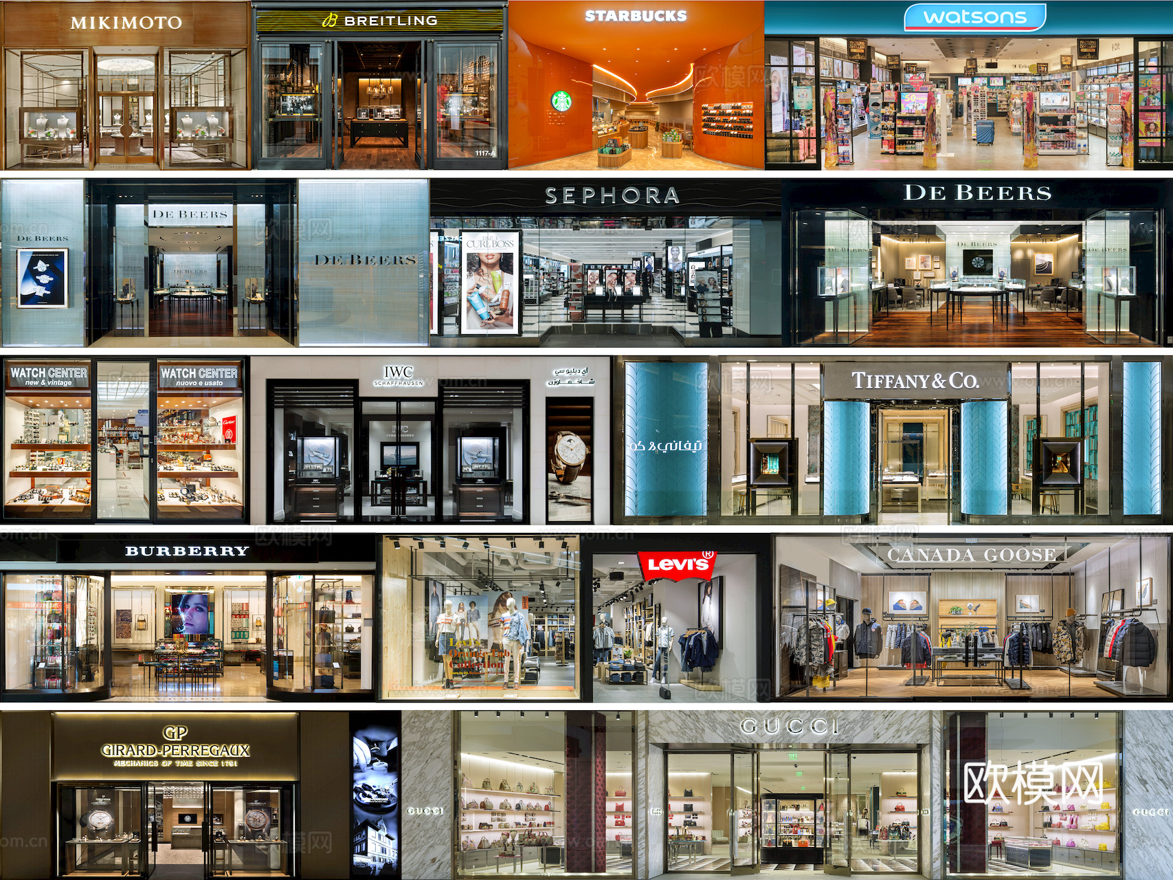 商场店铺门面夜景日景玻璃橱窗 写字楼大楼玻璃幕墙外立面贴图下载