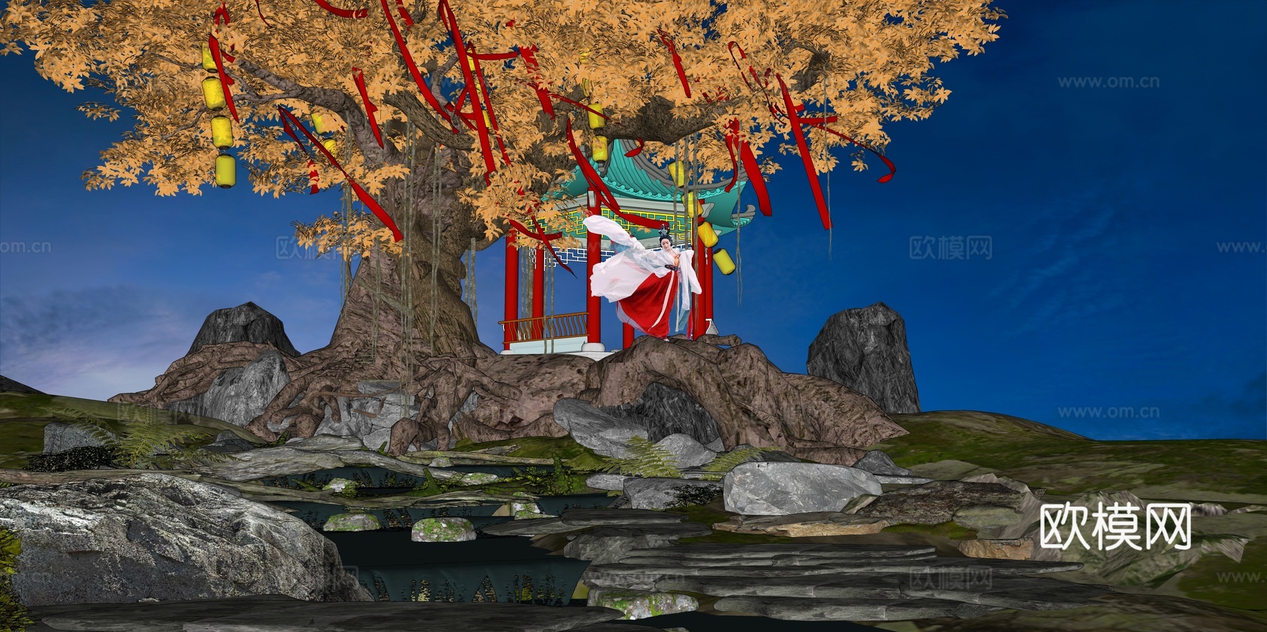 网红打卡国潮古风中秋灯笼集市美陈su模型