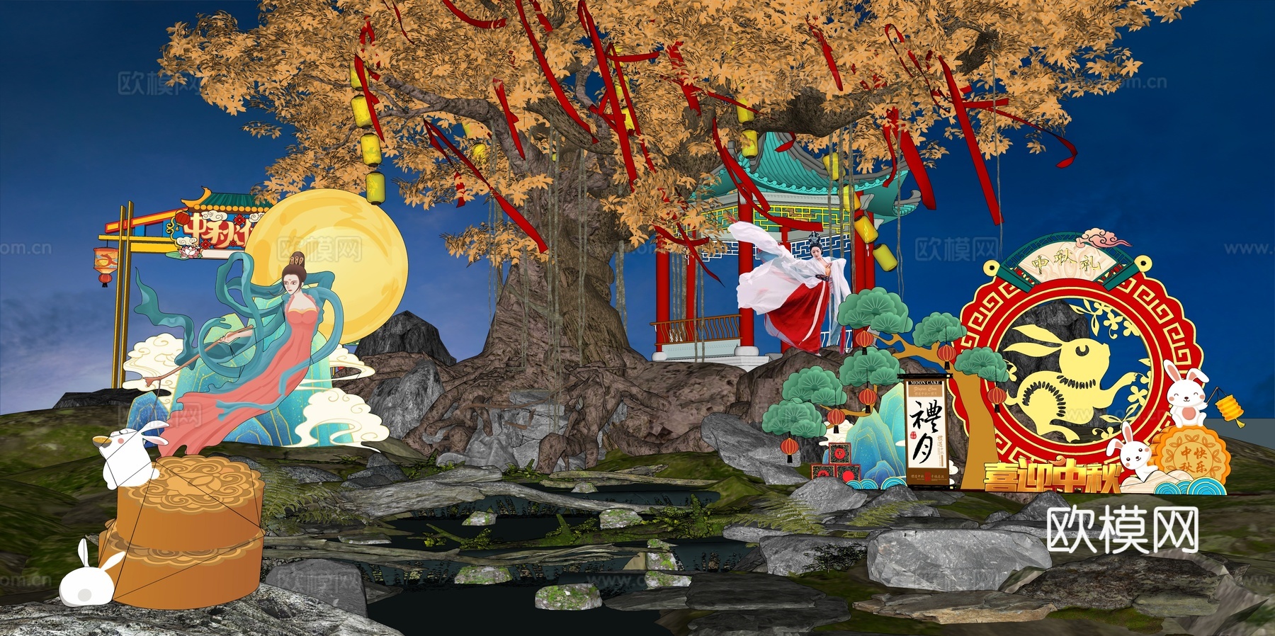 网红打卡国潮古风中秋灯笼集市美陈su模型