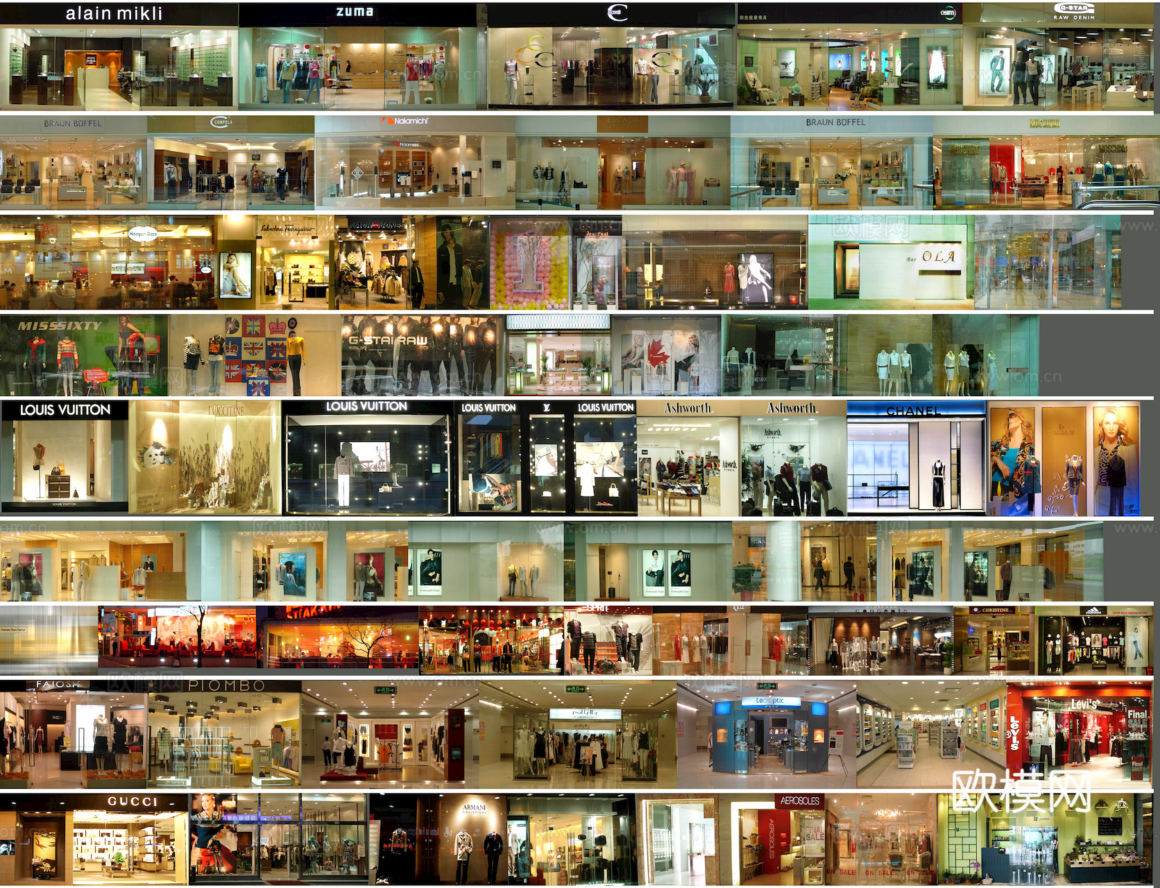 商场店铺门面夜景日景玻璃橱窗 写字楼大楼玻璃幕墙外立面贴图下载