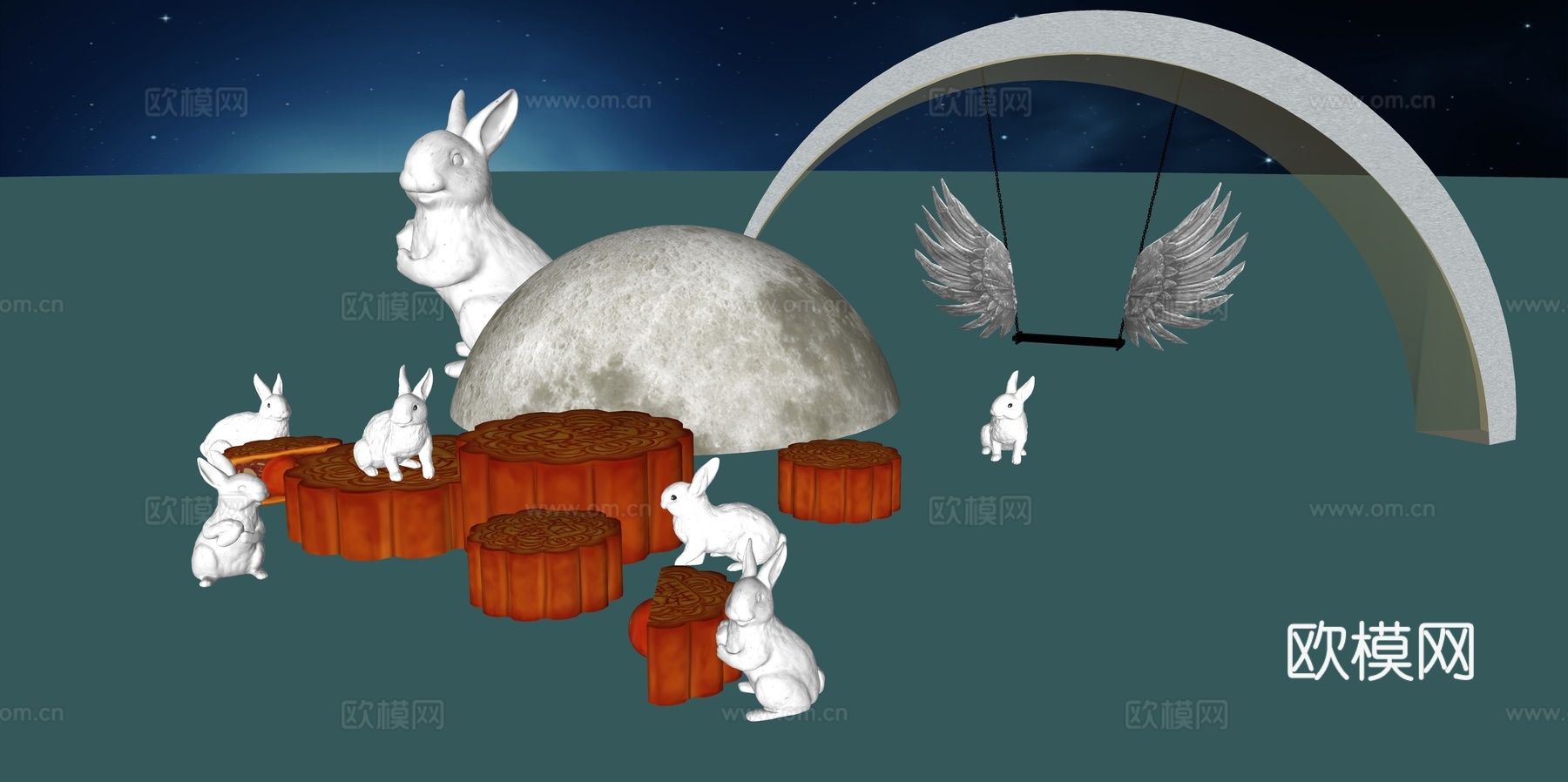 网红打卡国潮古风中秋灯笼集市美陈su模型