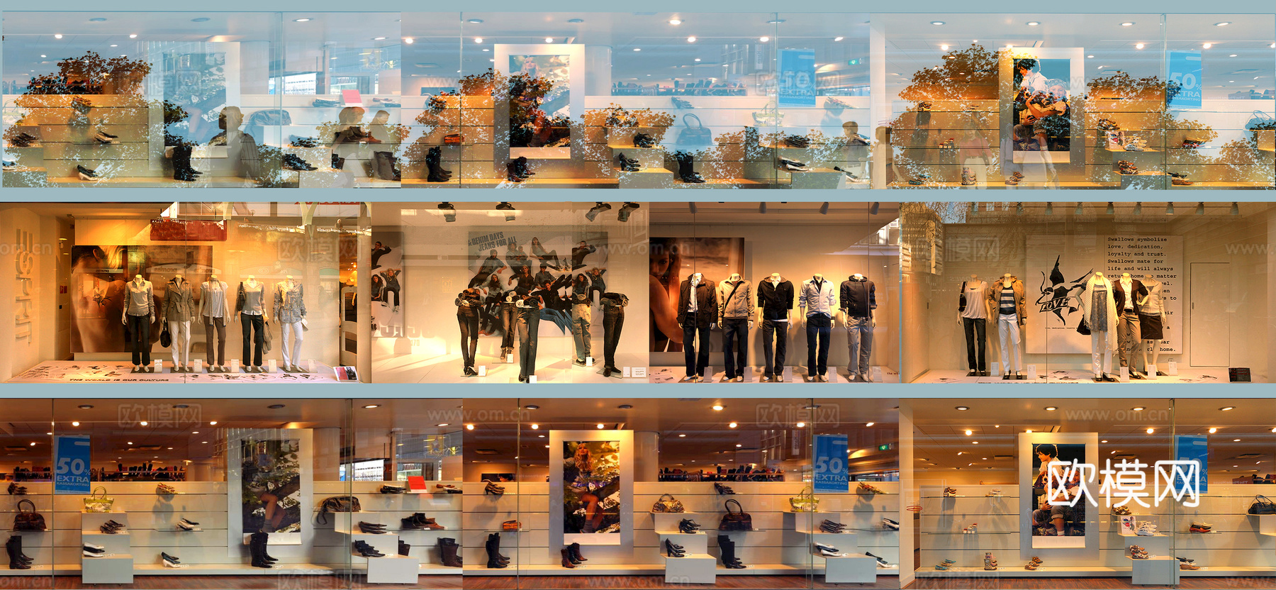 商场店铺门面夜景日景玻璃橱窗 写字楼大楼玻璃幕墙外立面贴图下载