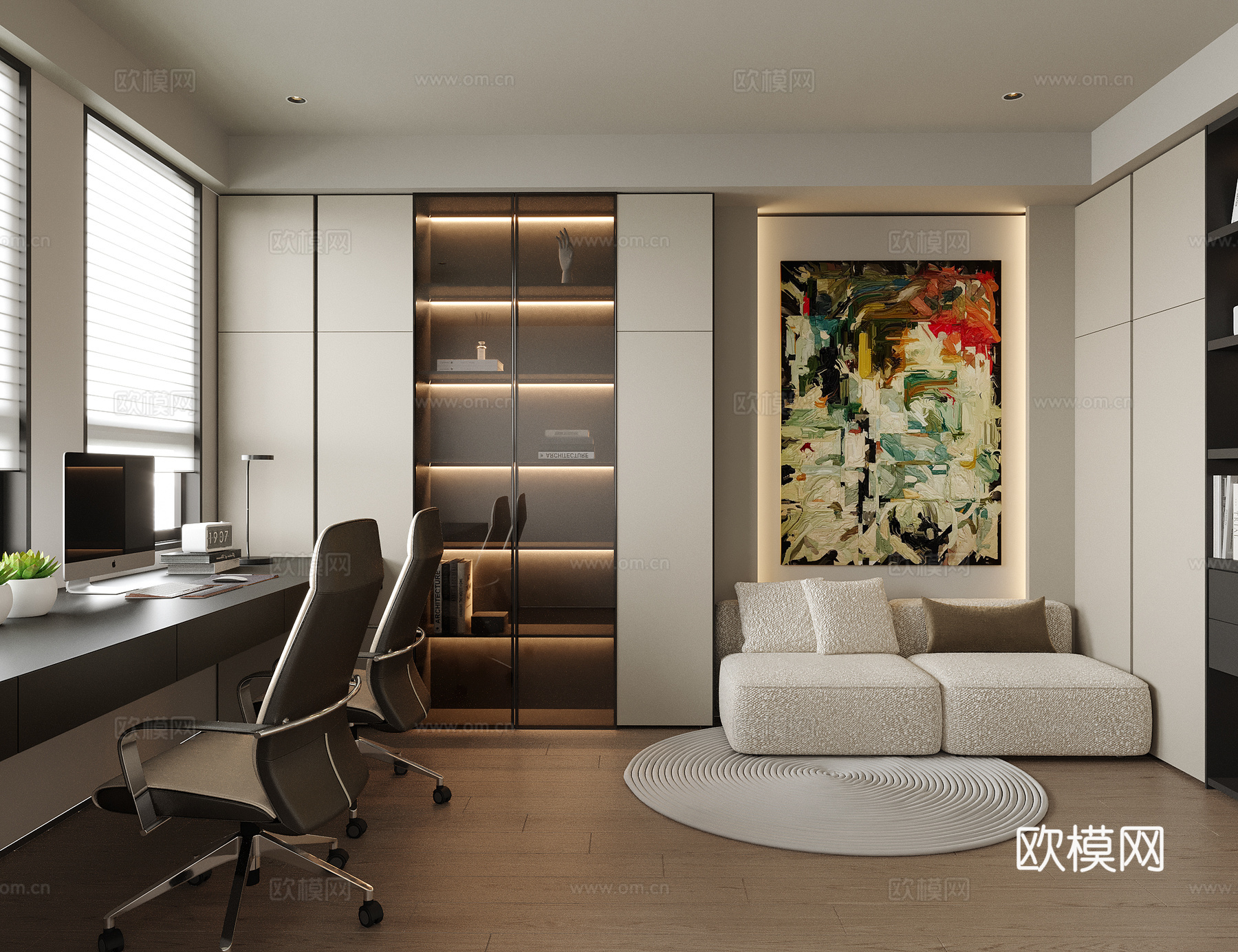 现代书房 书柜 电脑房3d模型下载