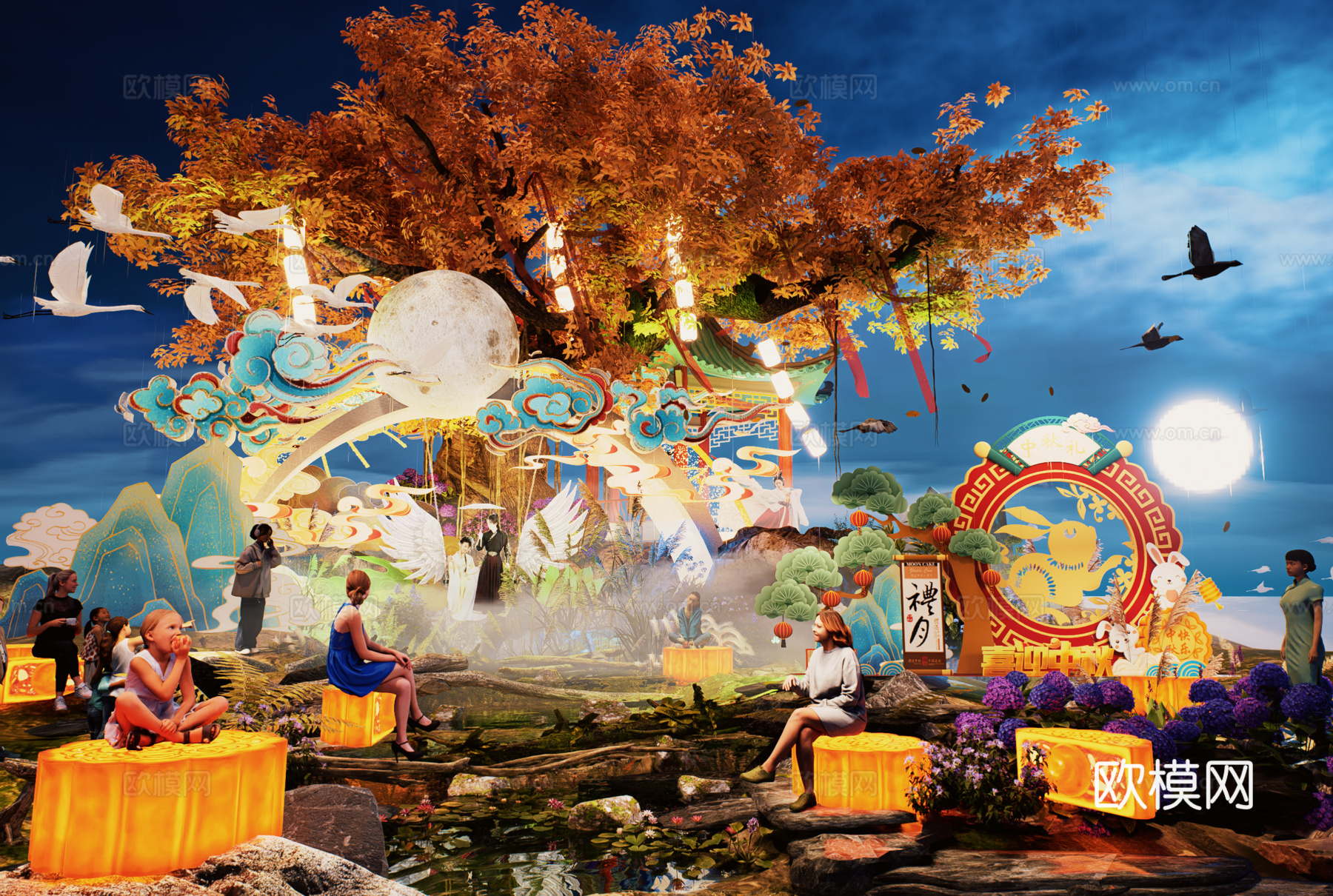 网红打卡国潮古风中秋灯笼集市美陈su模型