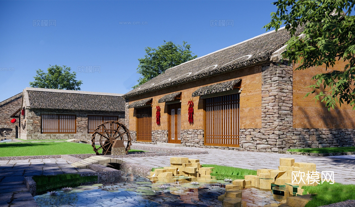 中式乡村建筑 农家乐 土墙 农家院su模型