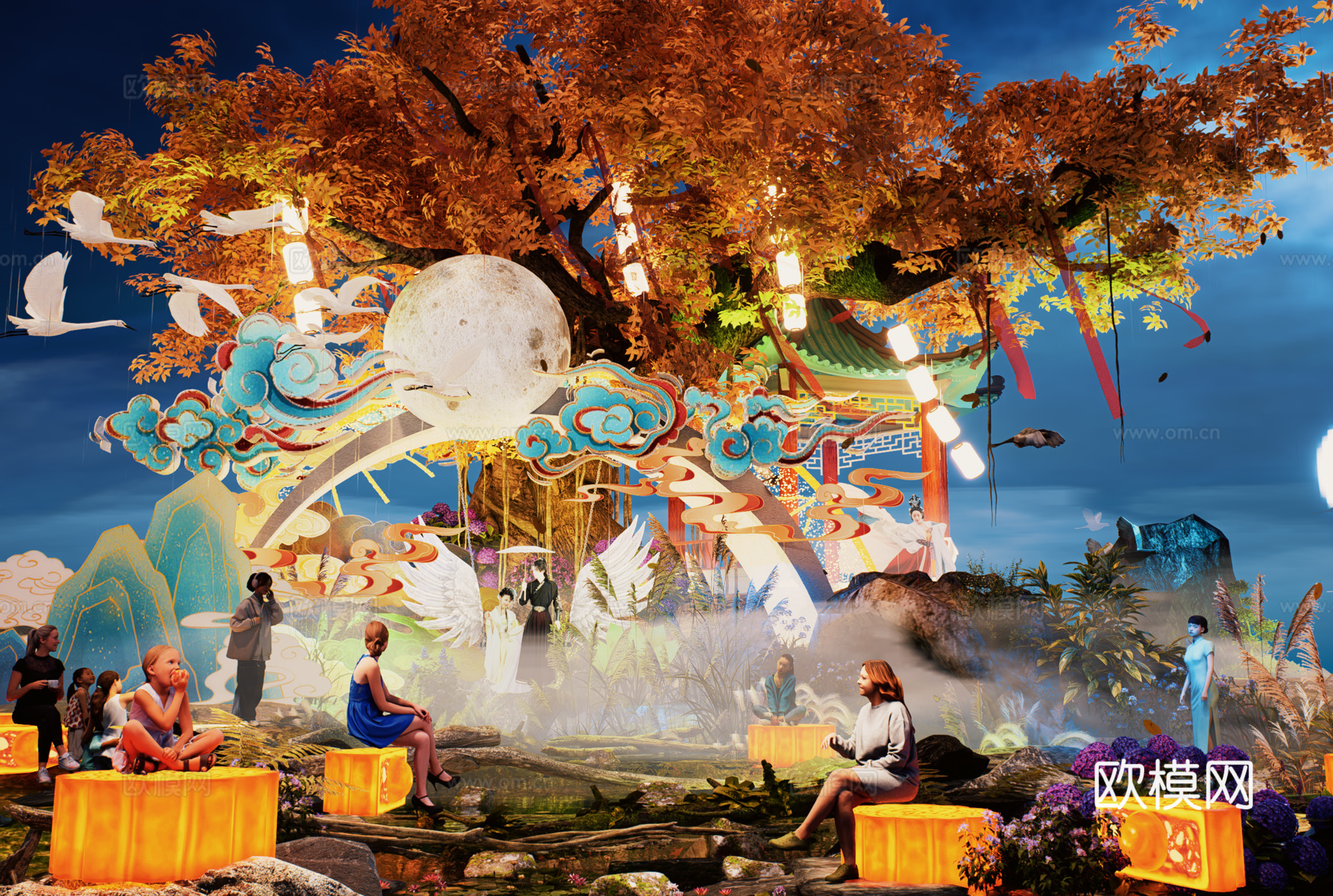 网红打卡国潮古风中秋灯笼集市美陈su模型