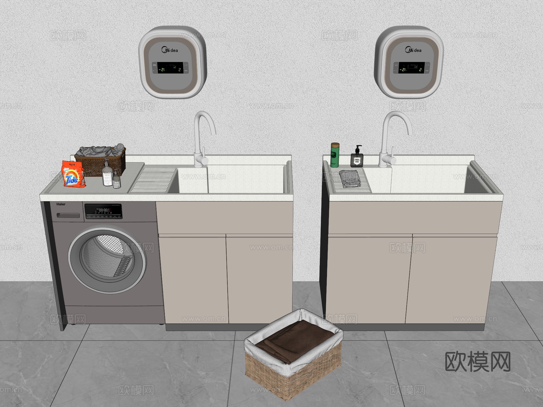 现代洗衣机柜 洗手台陶瓷洗衣池 洗衣池 阳台柜 洗衣机su模型