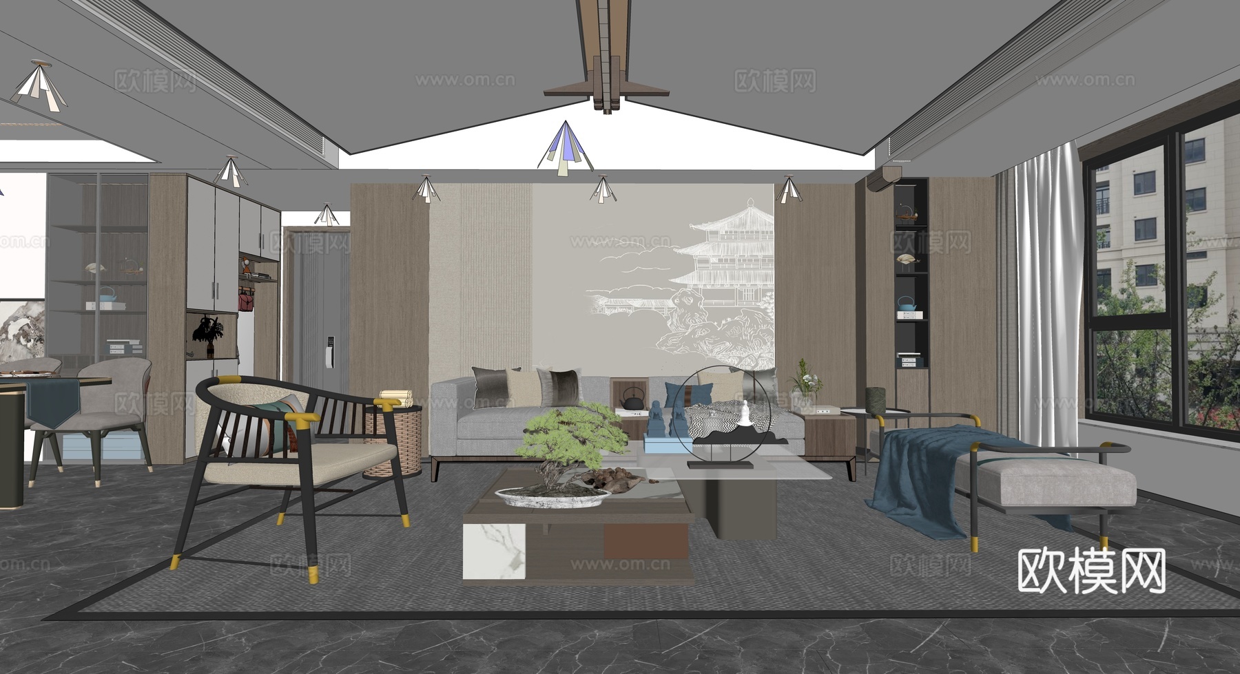 新中式客餐厅_沙发茶几组合su模型