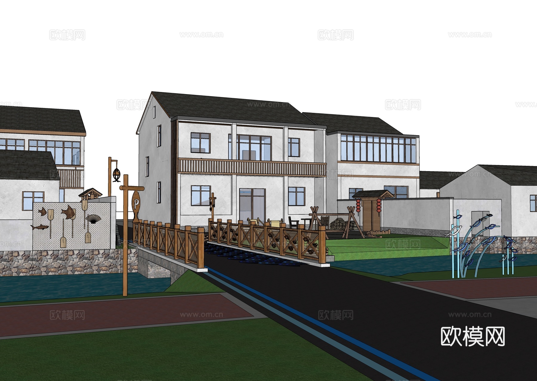 新中式乡村民房 鱼文化乡村景观 农村自建房su模型