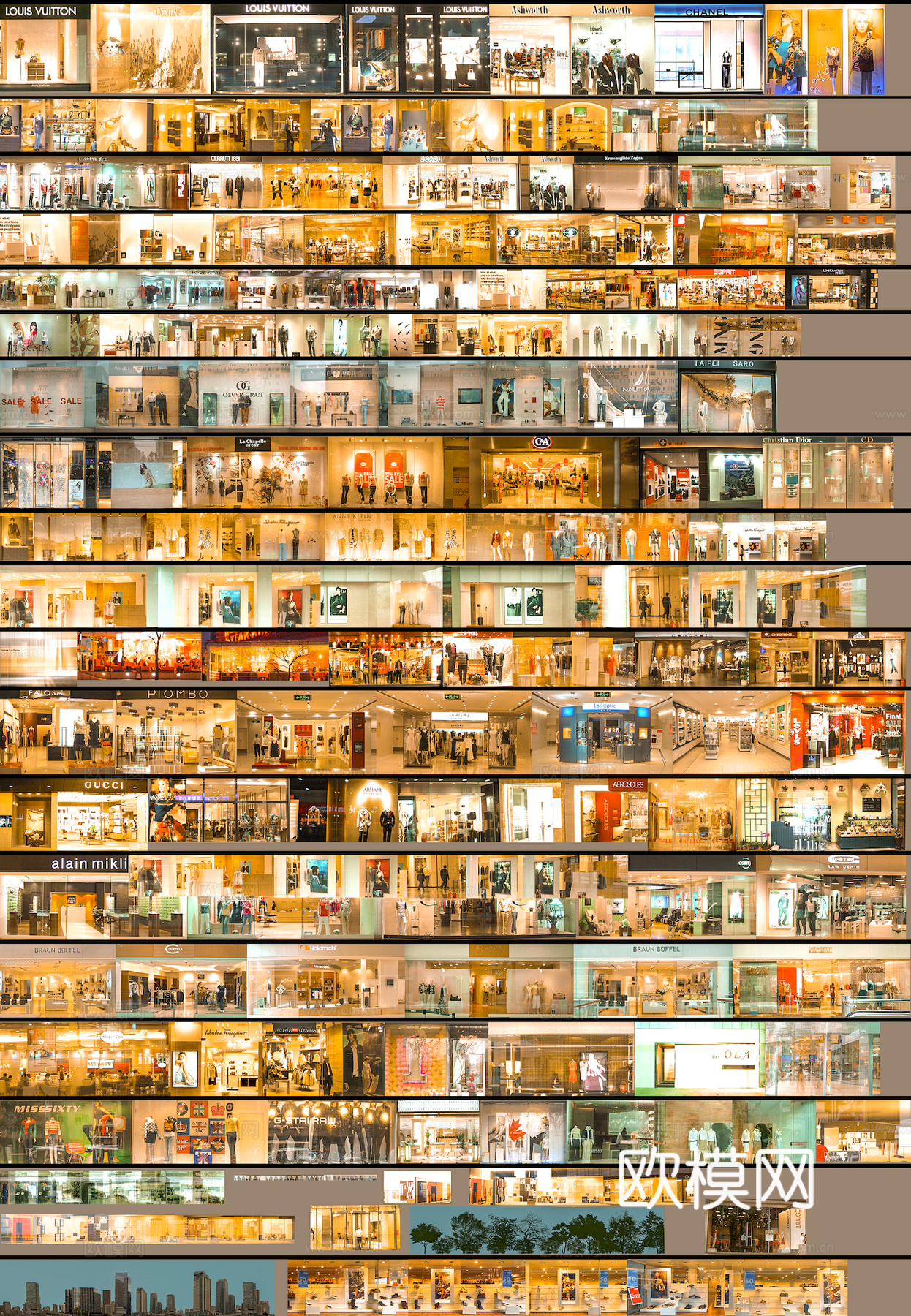 商场店铺门面夜景日景玻璃橱窗 写字楼大楼玻璃幕墙外立面贴图下载
