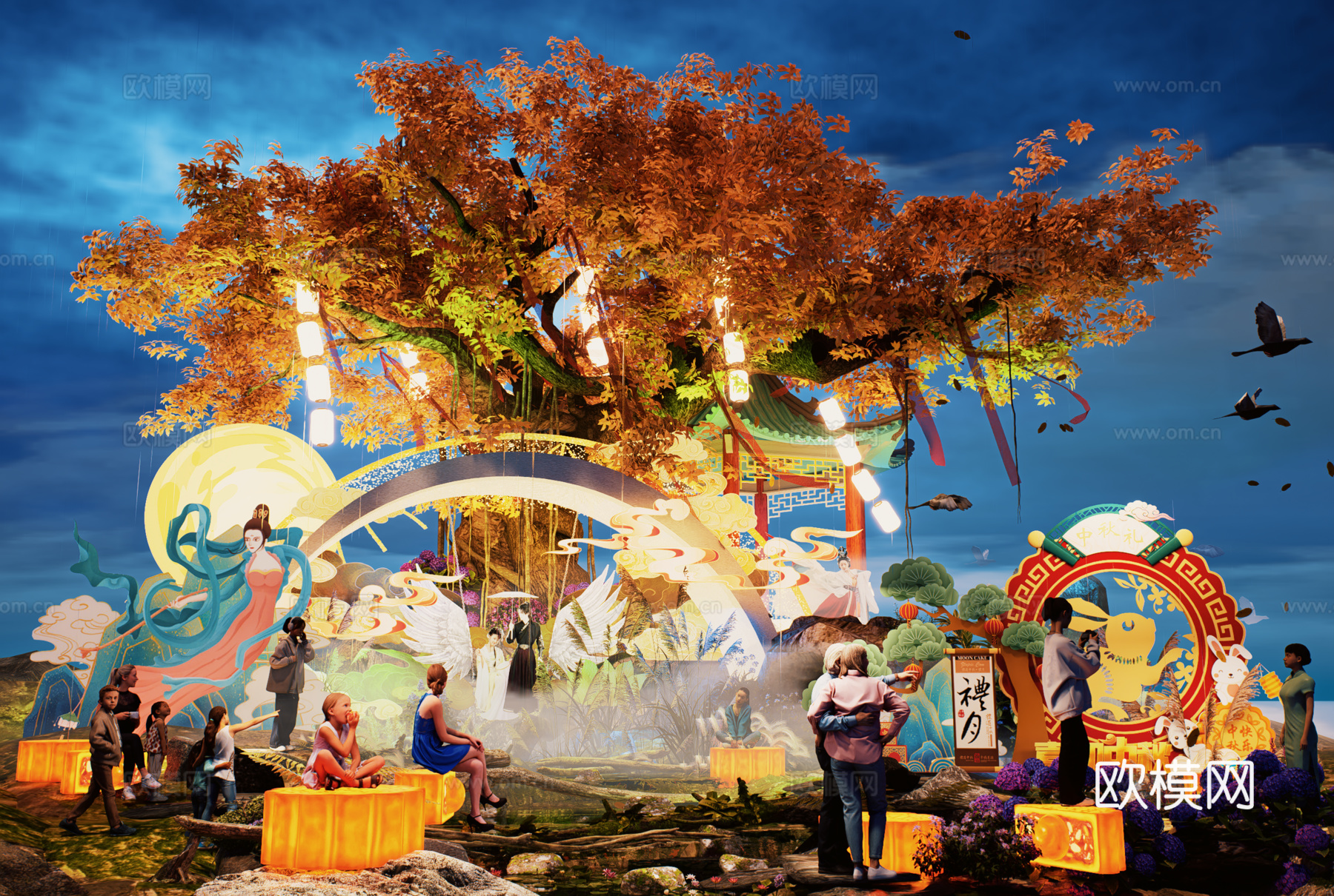 网红打卡国潮古风中秋灯笼集市美陈su模型