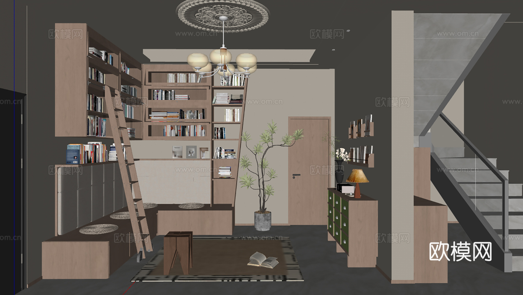 现代中古风书房su模型