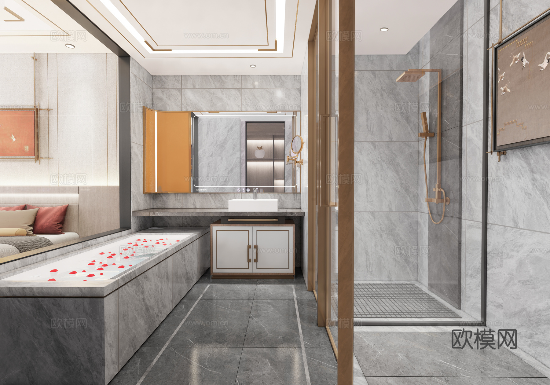 新中式酒店客房卫生间  马桶  洗漱区  淋浴区su模型