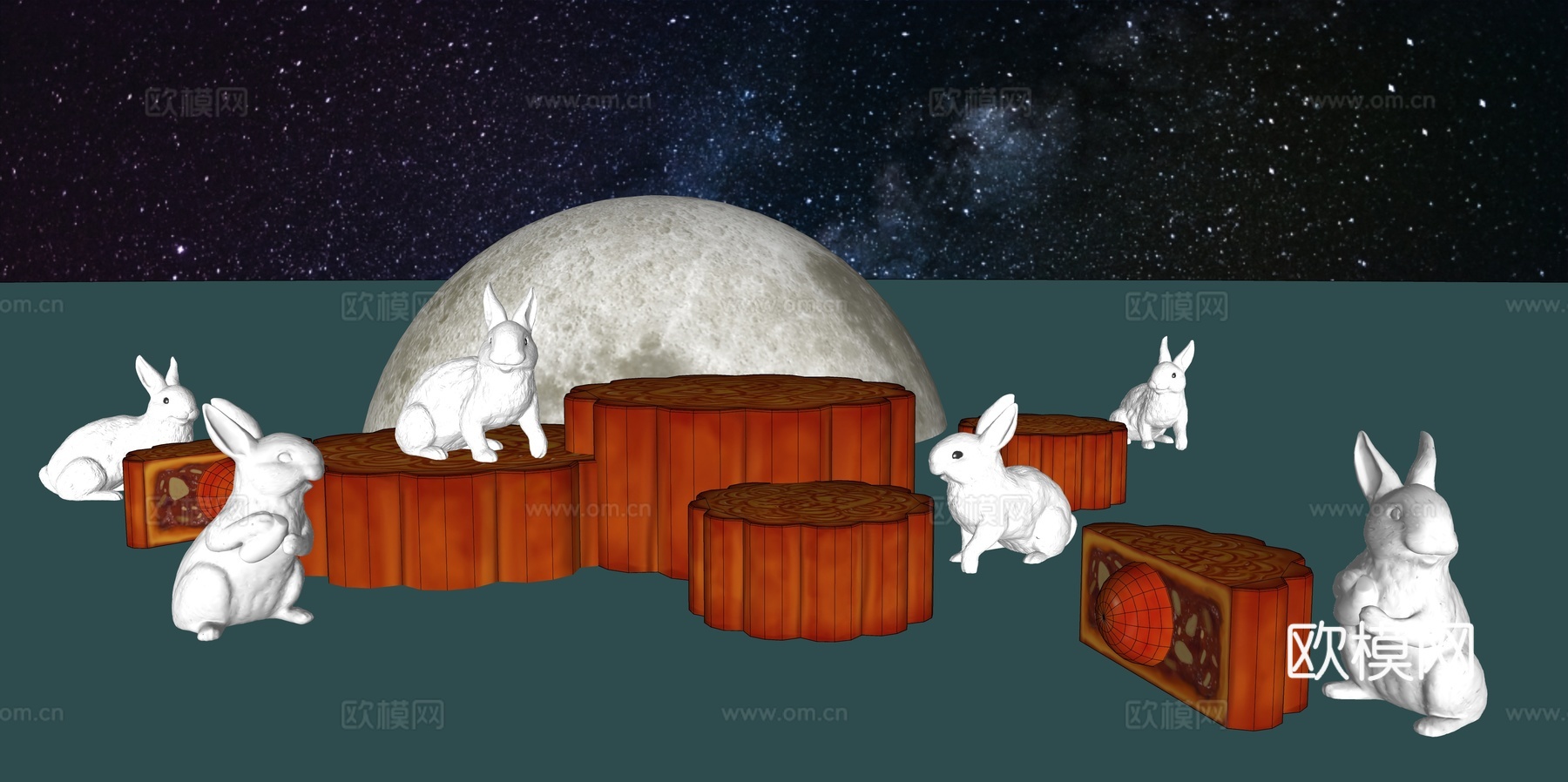 网红打卡国潮古风中秋灯笼集市美陈su模型