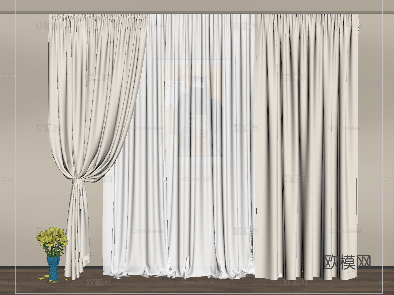 现代窗帘 纱帘 褶帘 布艺窗帘su模型