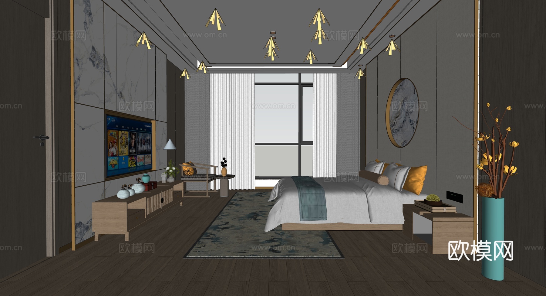 新中式酒店客房   单人间  背景墙su模型