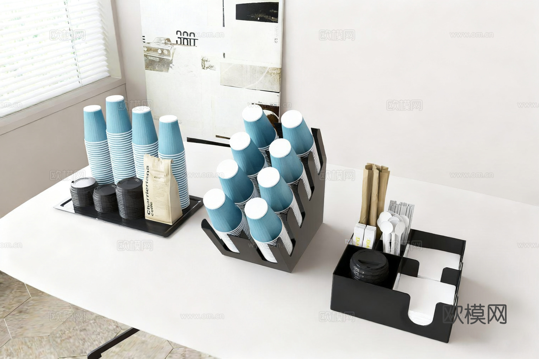 现代咖啡用品收纳 咖啡角收纳架 一次性杯具收纳架 咖啡用品储su模型