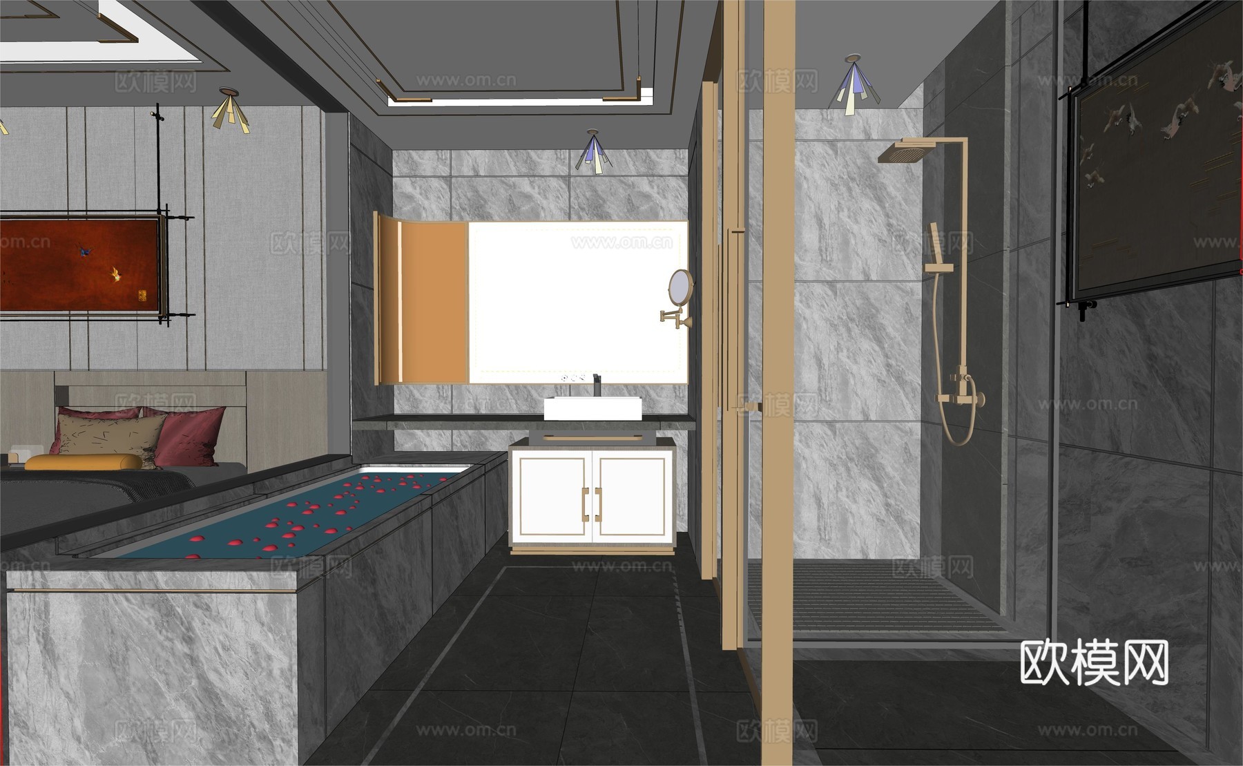 新中式酒店客房卫生间  马桶  洗漱区  淋浴区su模型