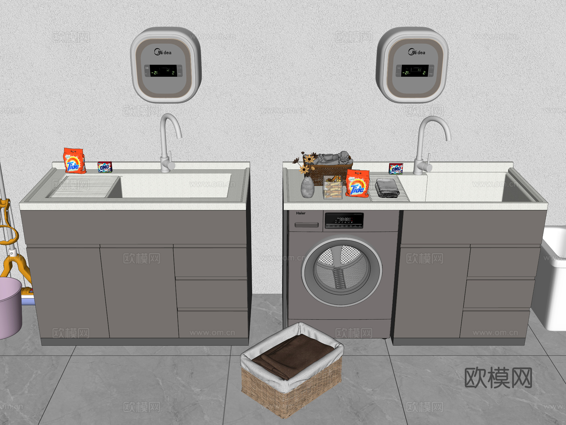 现代洗衣机柜 洗手台陶瓷洗衣池 洗衣池 阳台柜 洗衣机su模型