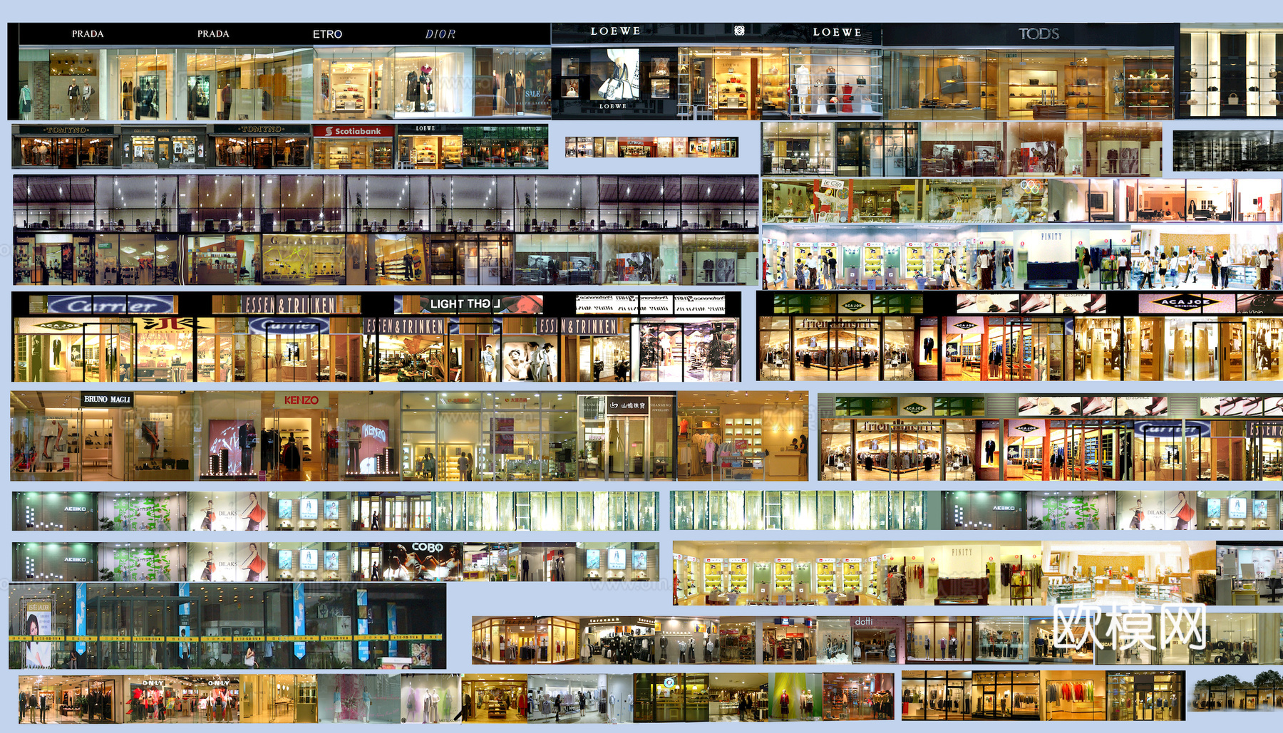 商场店铺门面夜景日景玻璃橱窗 写字楼大楼玻璃幕墙外立面贴图下载