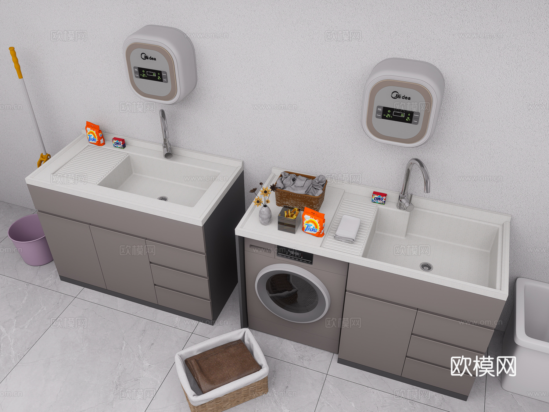 现代洗衣机柜 洗手台陶瓷洗衣池 洗衣池 阳台柜 洗衣机su模型