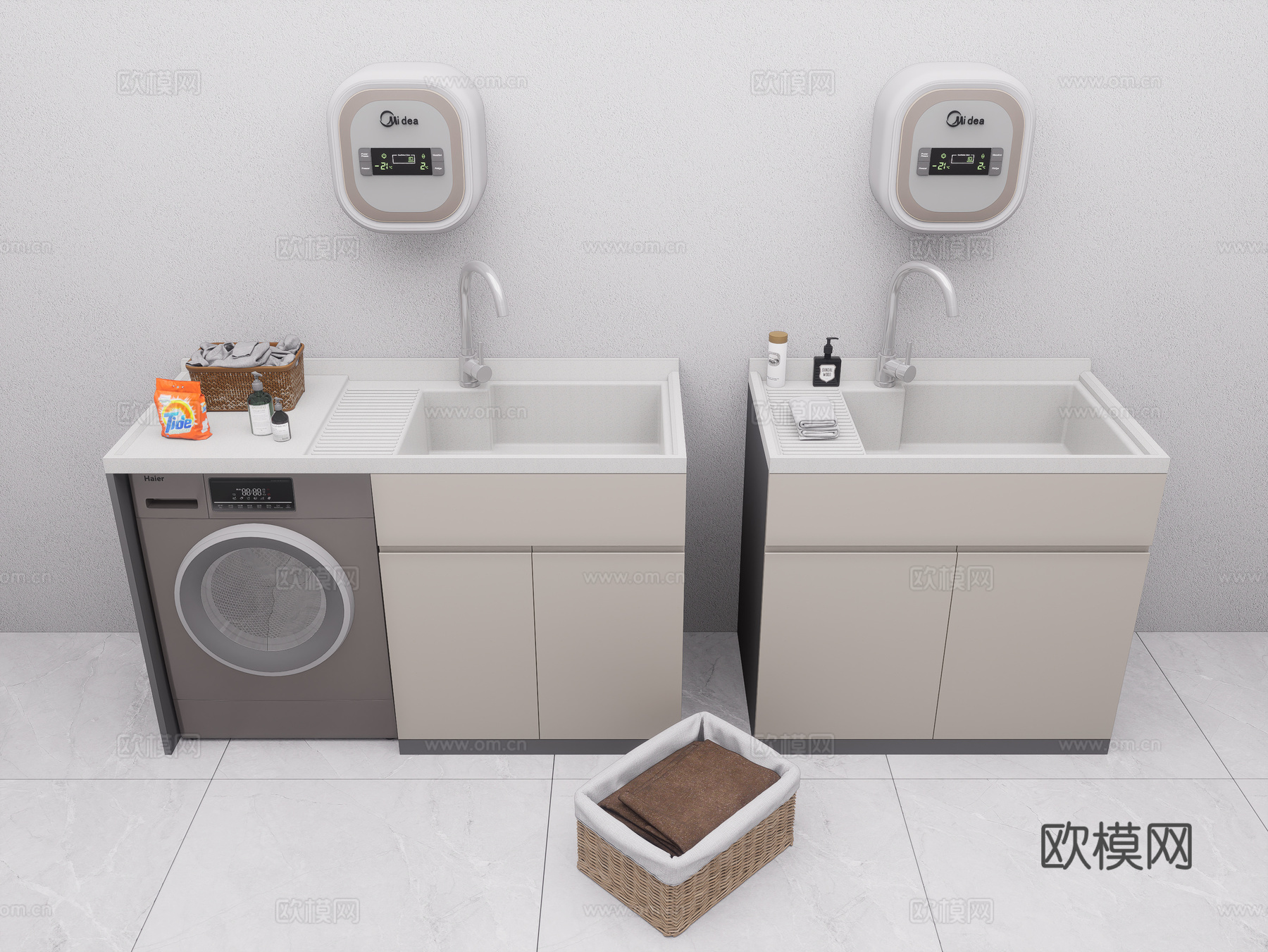 现代洗衣机柜 洗手台陶瓷洗衣池 洗衣池 阳台柜 洗衣机su模型