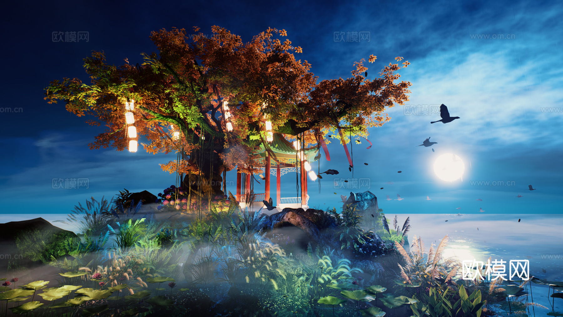 网红打卡国潮古风中秋灯笼集市美陈su模型