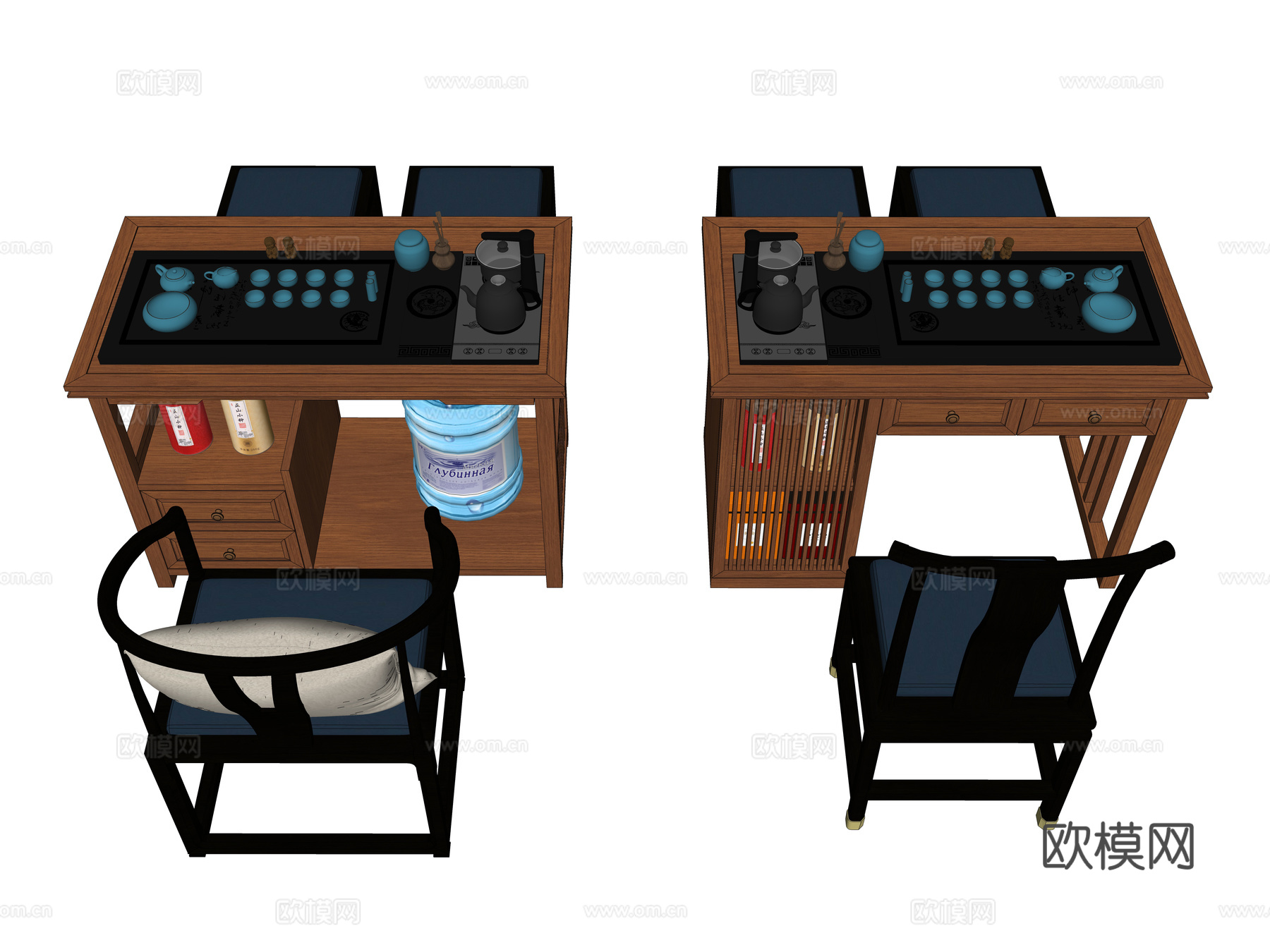 新中式茶桌椅 茶具 茶叶 摆件 凳子 休闲椅su模型