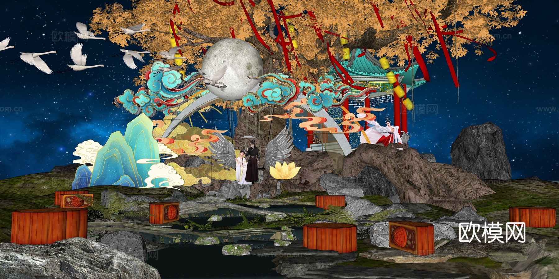 网红打卡国潮古风中秋灯笼集市美陈su模型