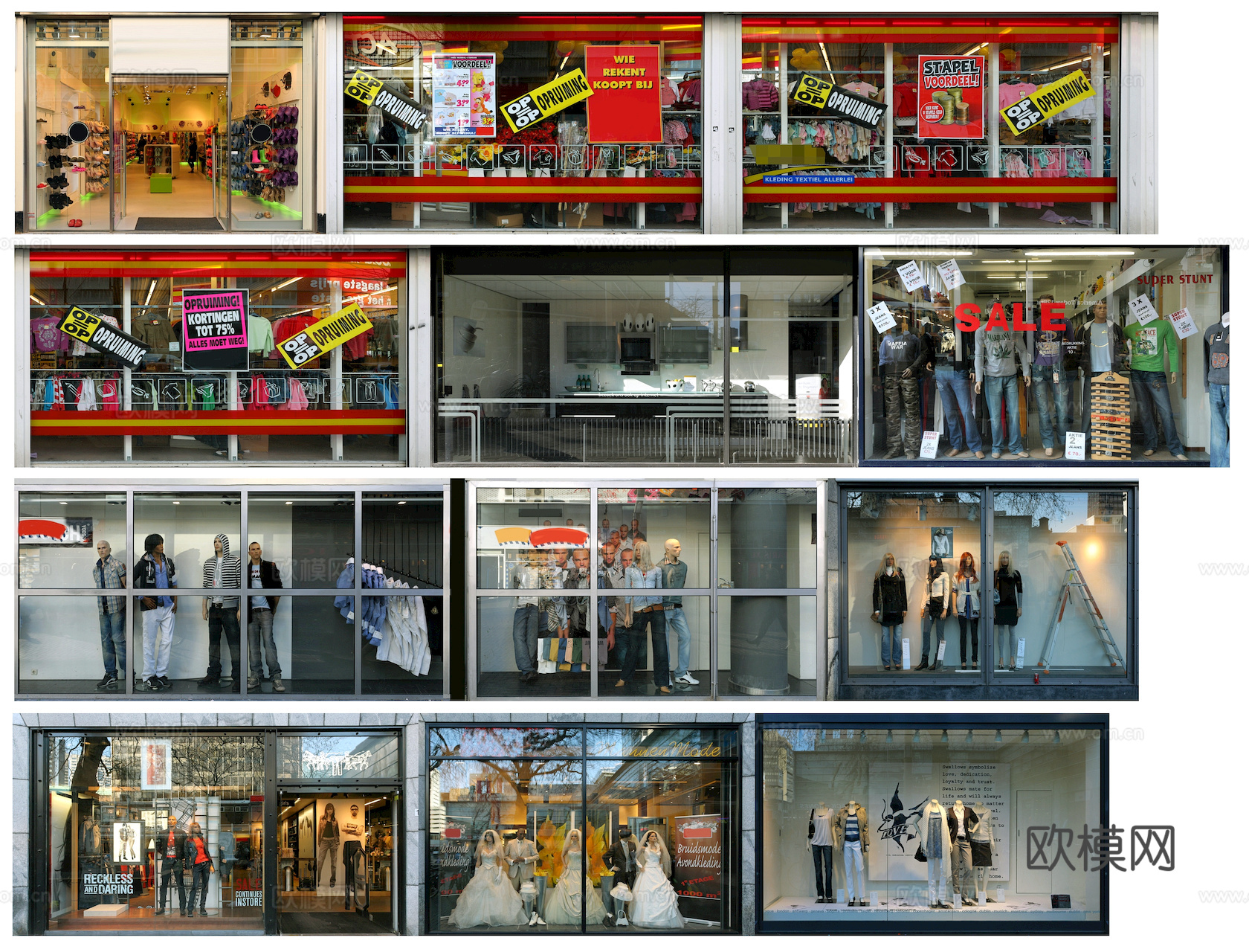 商场店铺门面夜景日景玻璃橱窗 写字楼大楼玻璃幕墙外立面贴图下载