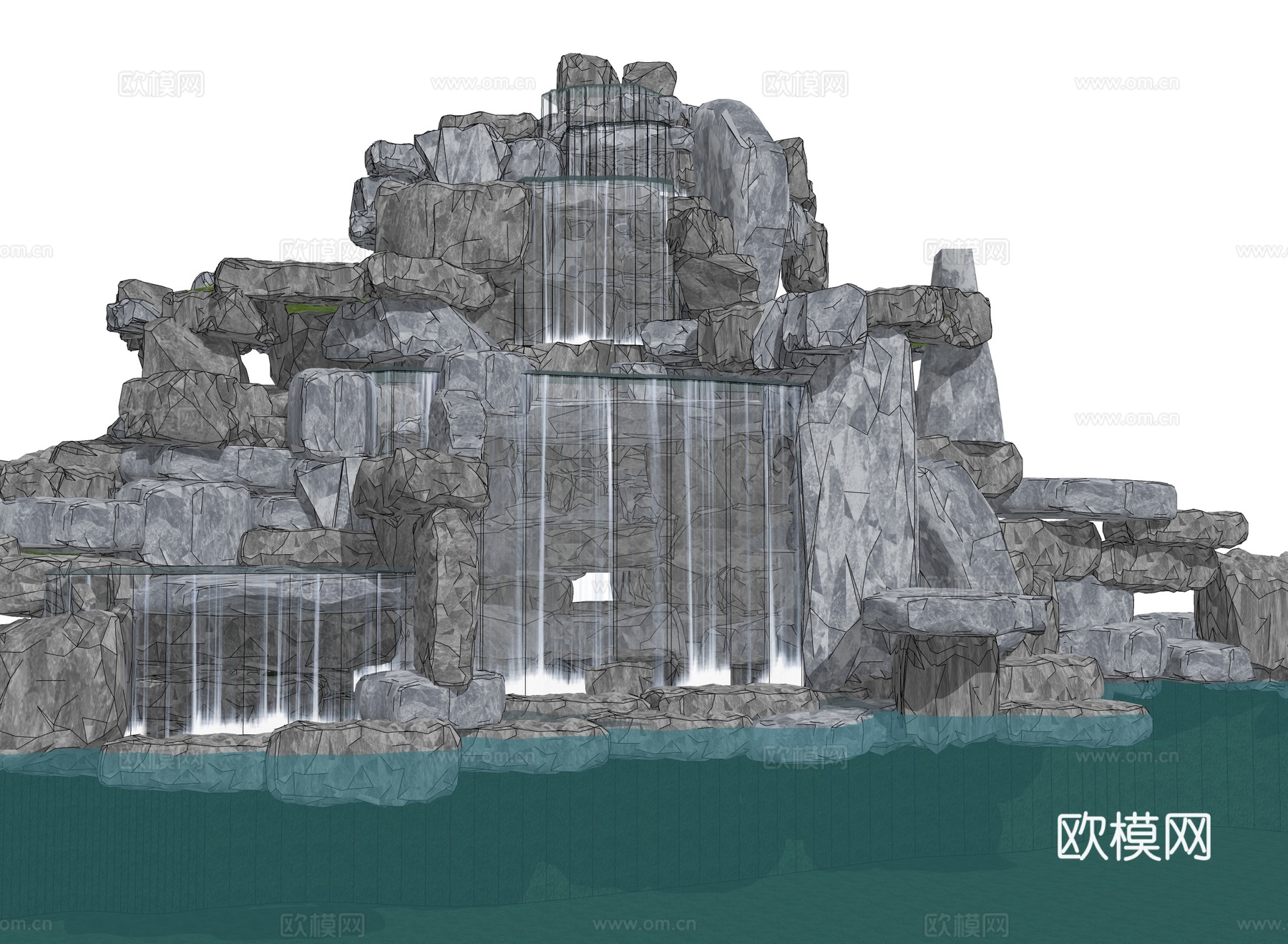 现代假山 流水 假山水景 景石叠水su模型