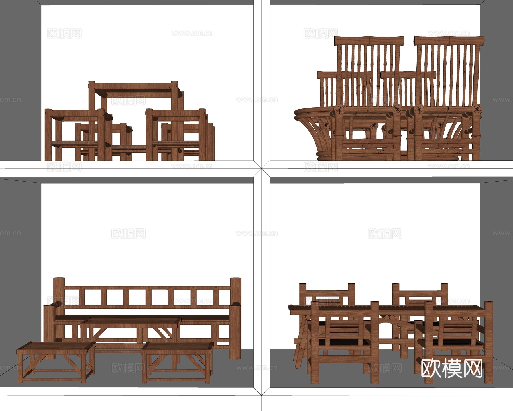 现代新中式 户外庭院花园桌椅 餐桌椅 复古老式竹木桌椅su模型下载（渲染图2）