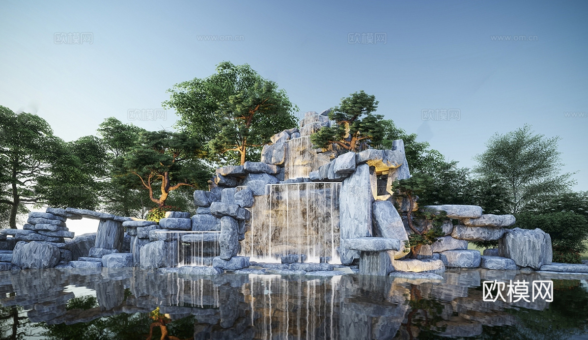 现代假山 流水 假山水景 景石叠水su模型