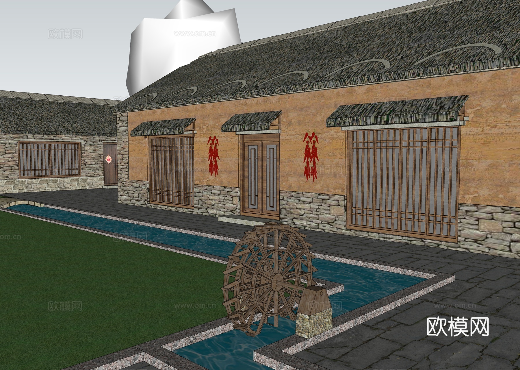 中式乡村建筑 农家乐 土墙 农家院su模型