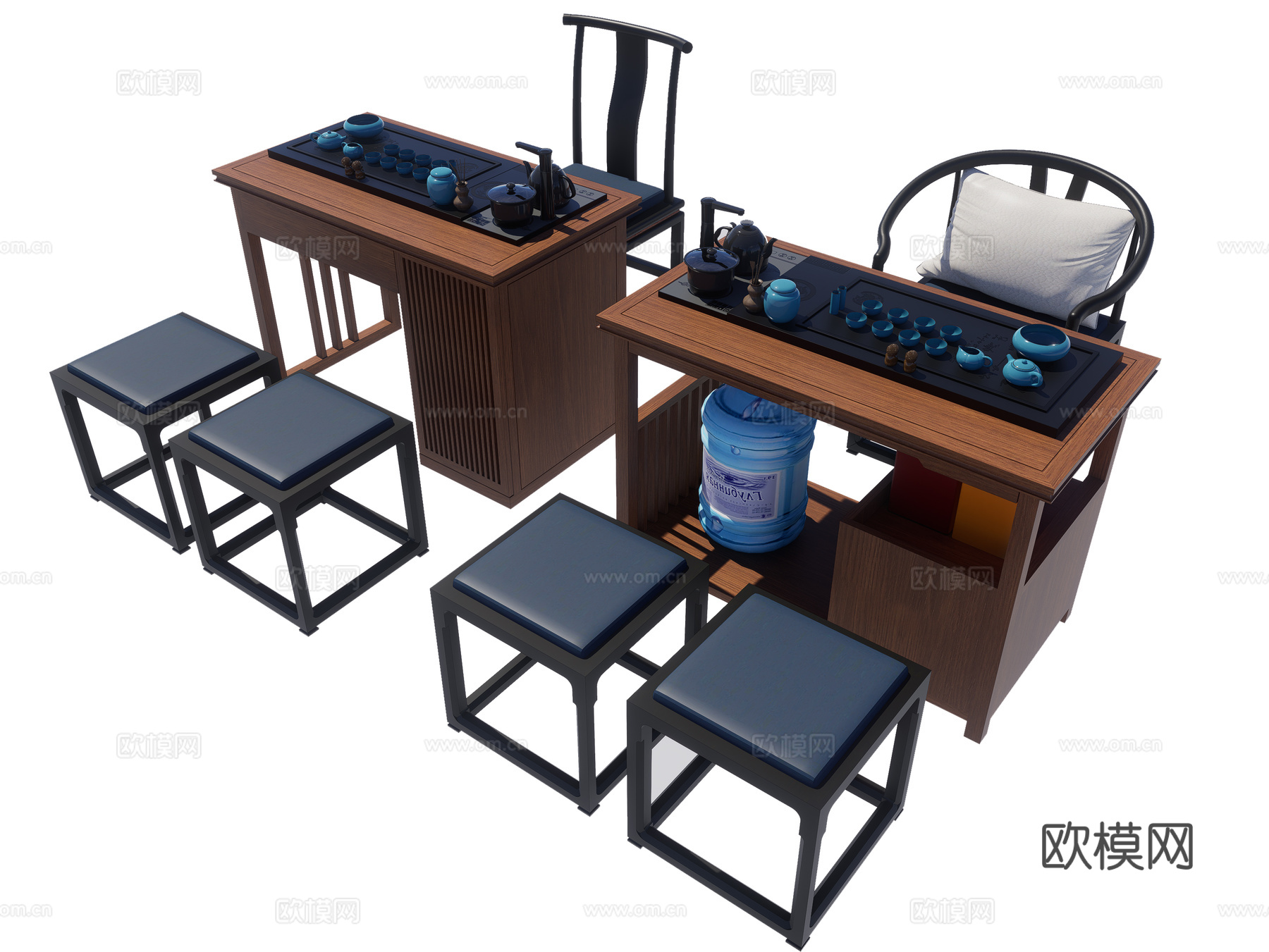 新中式茶桌椅 茶具 茶叶 摆件 凳子 休闲椅su模型