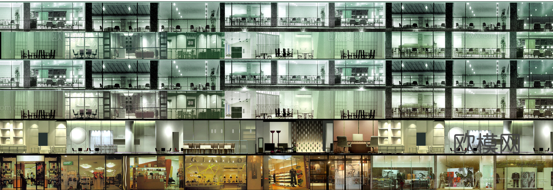 商场店铺门面夜景日景玻璃橱窗 写字楼大楼玻璃幕墙外立面贴图下载