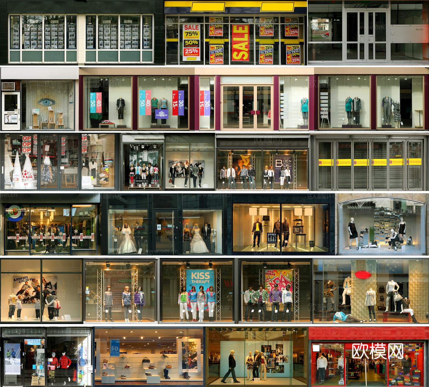 商场店铺门面夜景日景玻璃橱窗 写字楼大楼玻璃幕墙外立面贴图下载