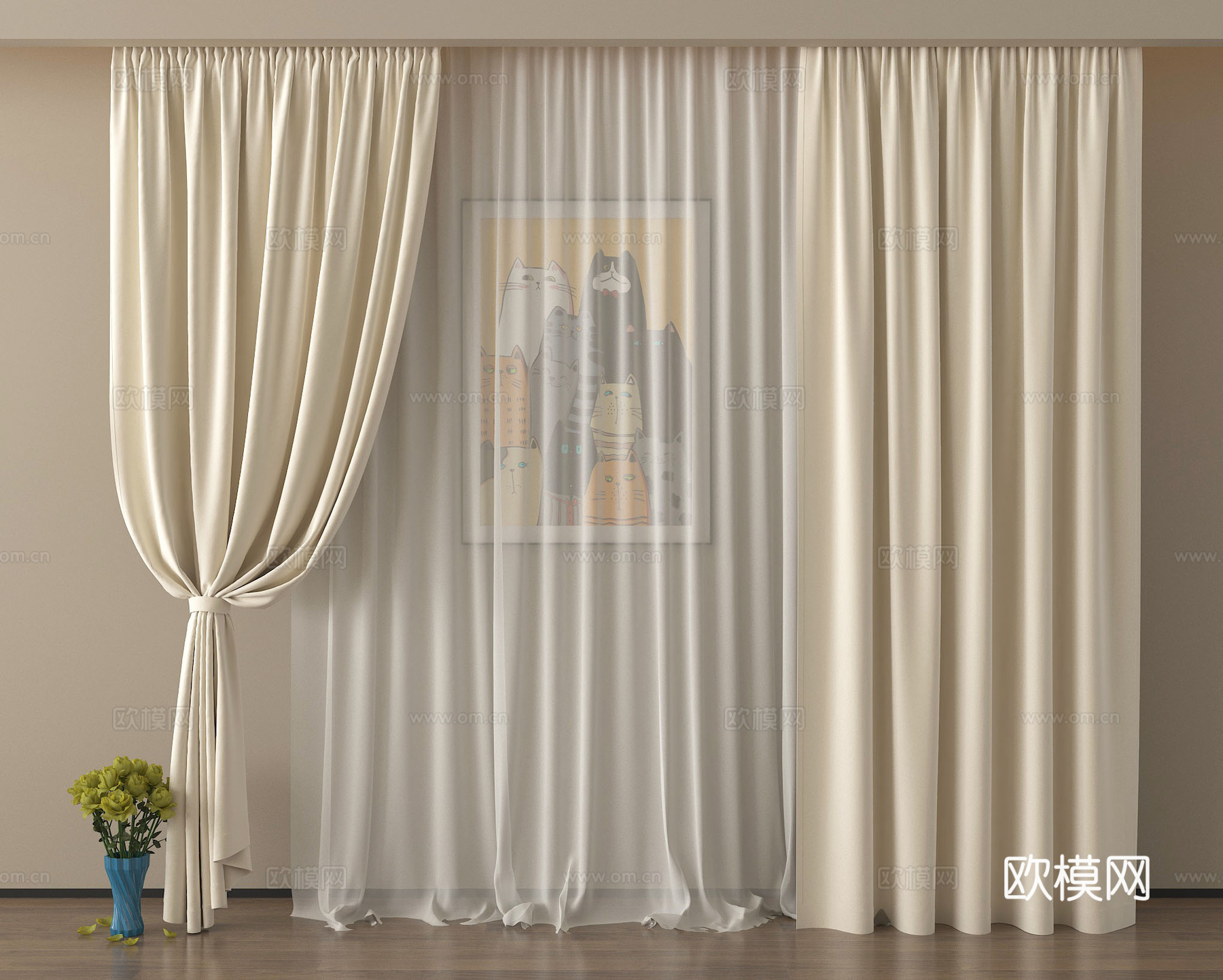 现代窗帘 纱帘 褶帘 布艺窗帘su模型