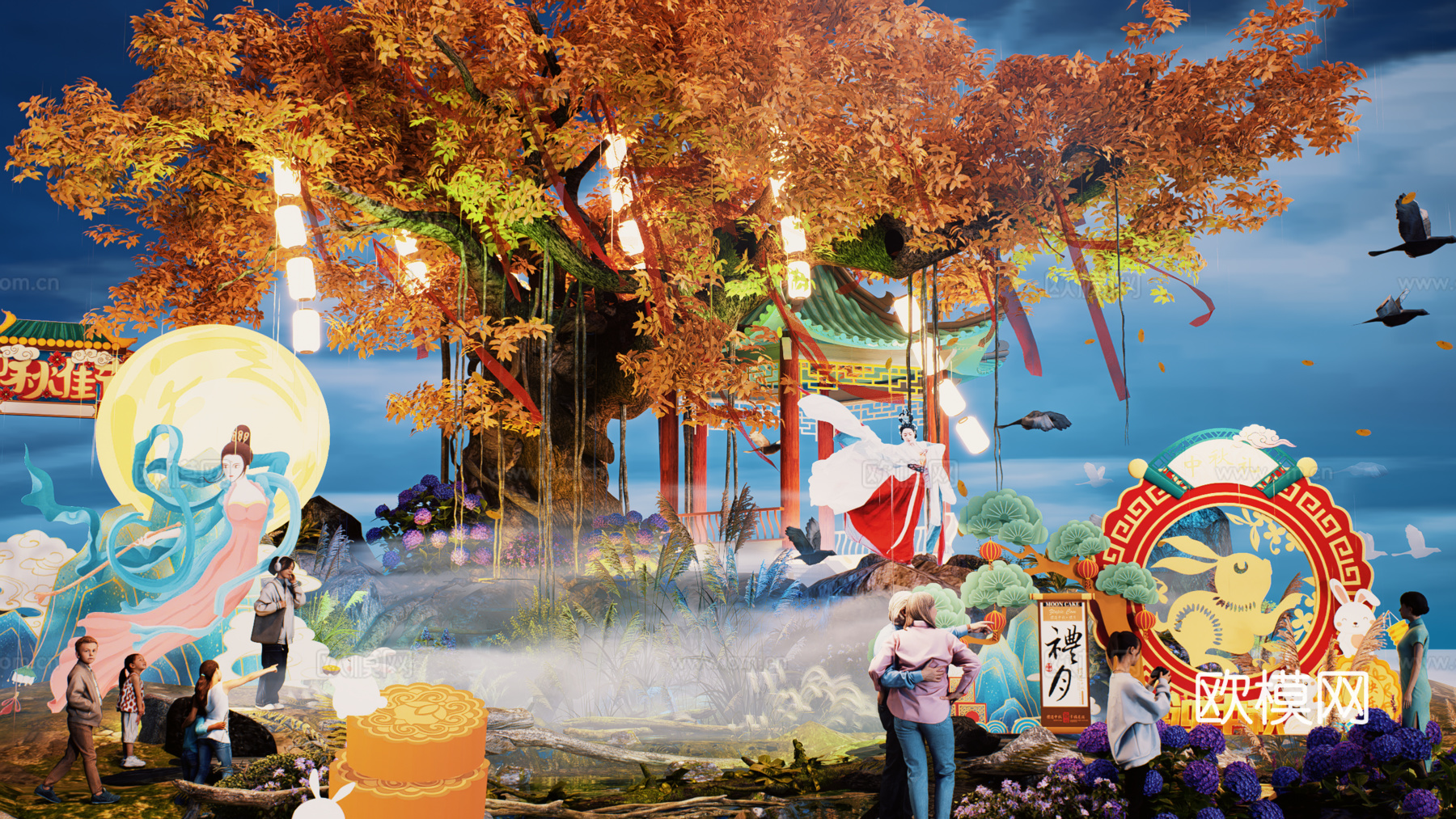 网红打卡国潮古风中秋灯笼集市美陈su模型