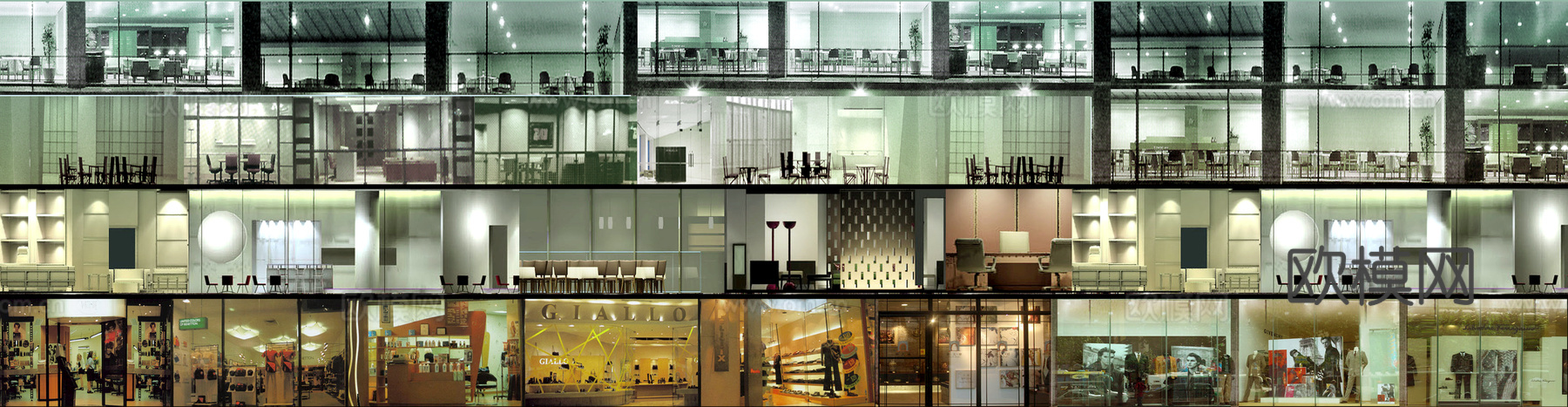 商场店铺门面夜景日景玻璃橱窗 写字楼大楼玻璃幕墙外立面贴图下载