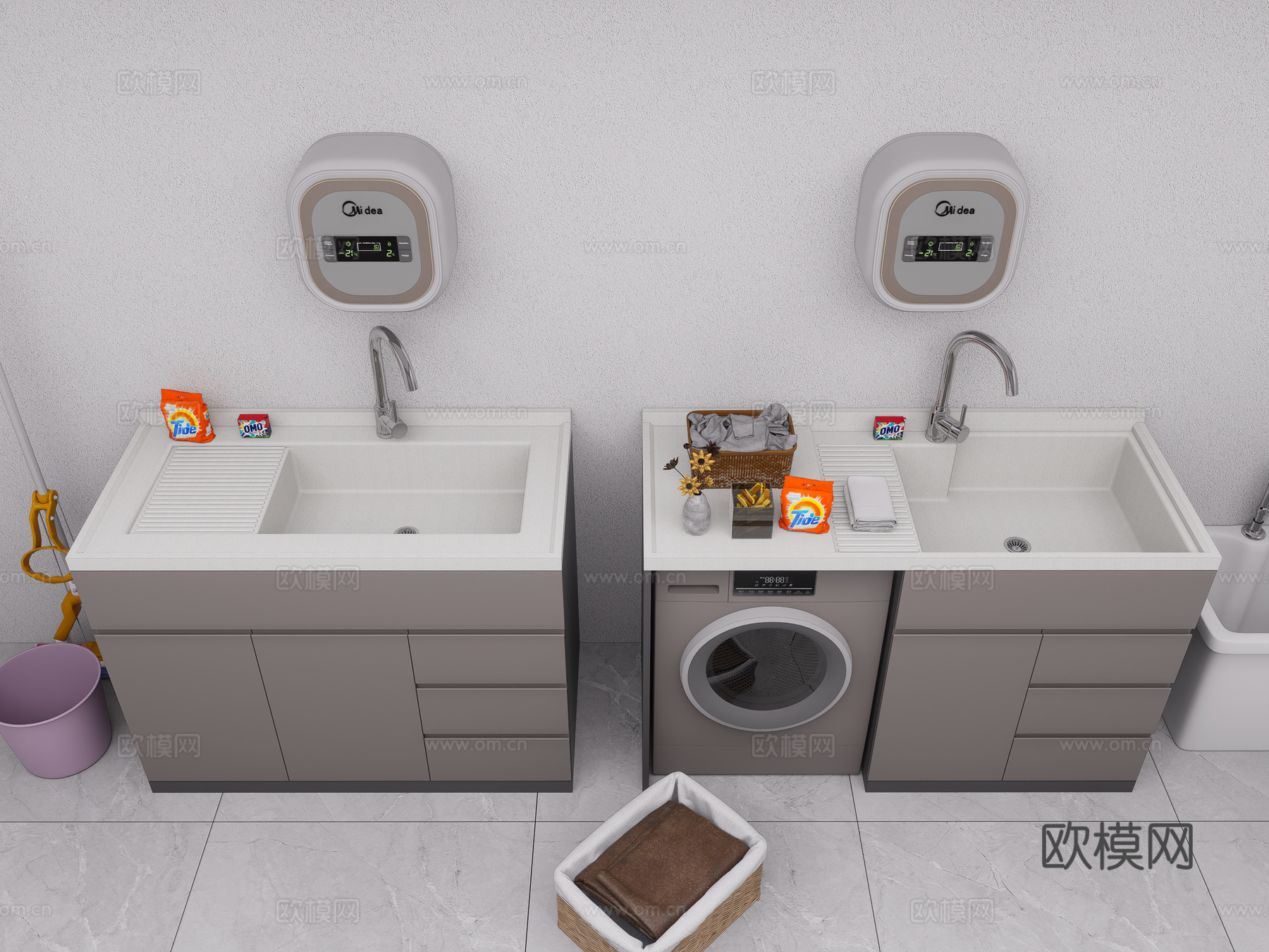 现代洗衣机柜 洗手台陶瓷洗衣池 洗衣池 阳台柜 洗衣机su模型