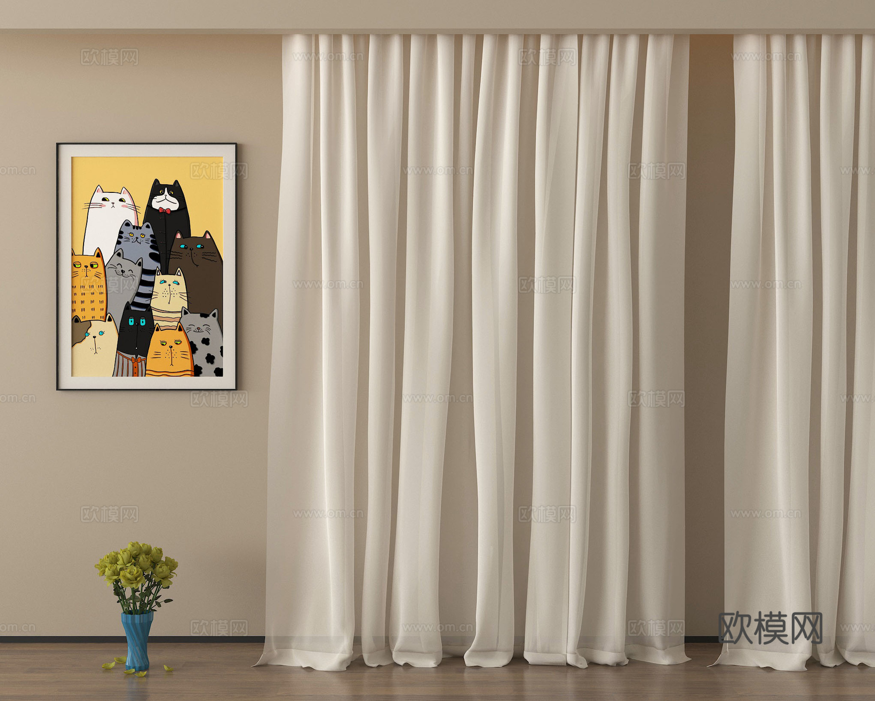 现代窗帘 纱帘 褶帘3d模型下载