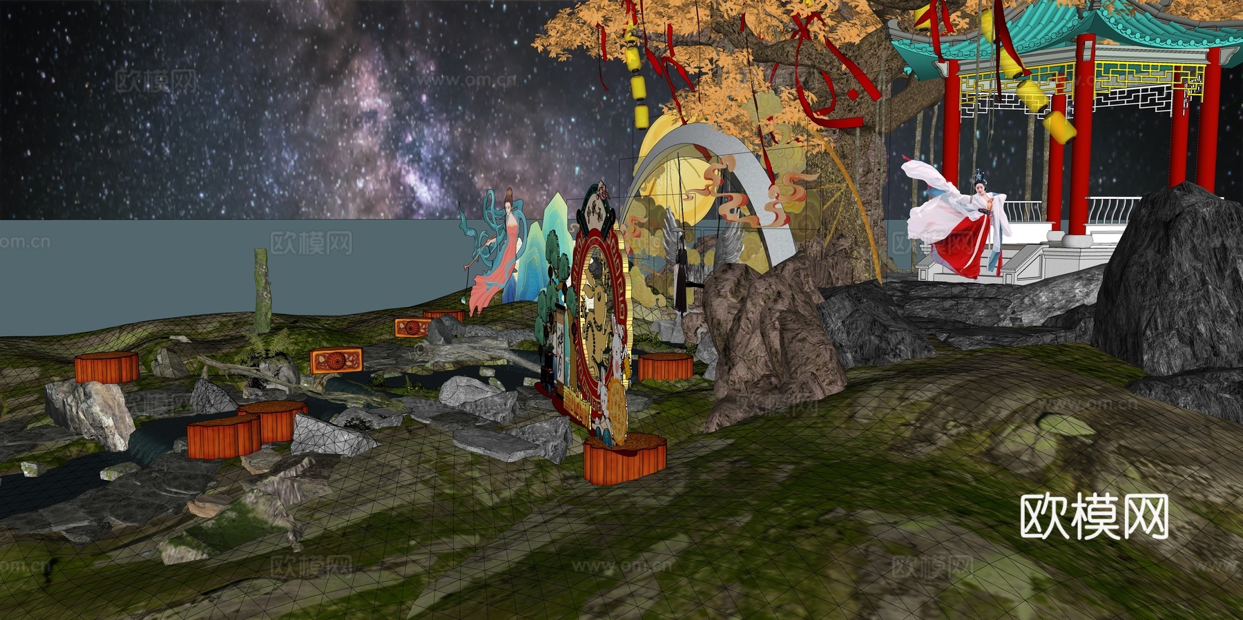 网红打卡国潮古风中秋灯笼集市美陈su模型