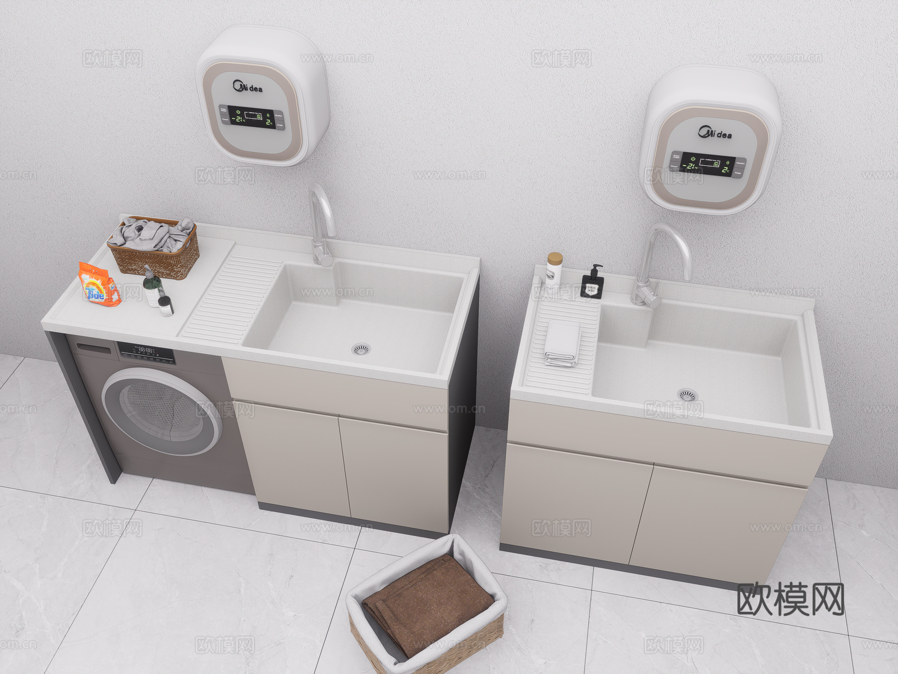 现代洗衣机柜 洗手台陶瓷洗衣池 洗衣池 阳台柜 洗衣机su模型