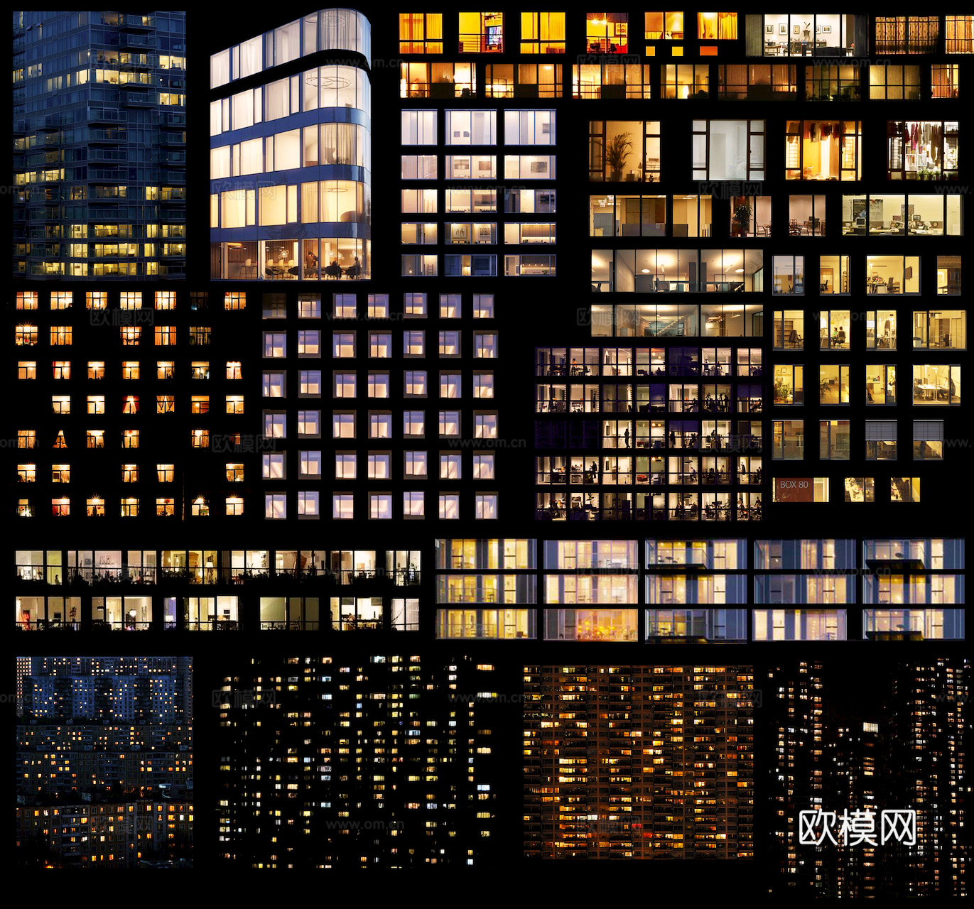 商场店铺门面夜景日景玻璃橱窗 写字楼大楼玻璃幕墙外立面贴图