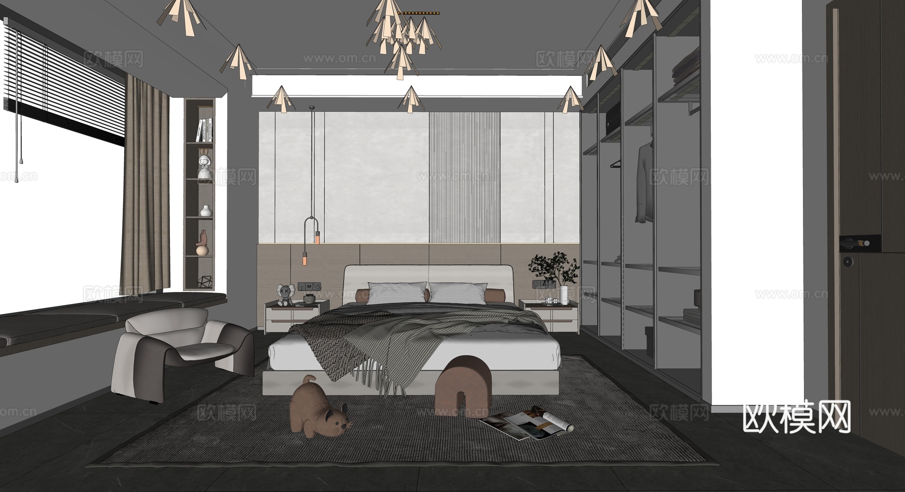 卧室  双人床  衣柜su模型