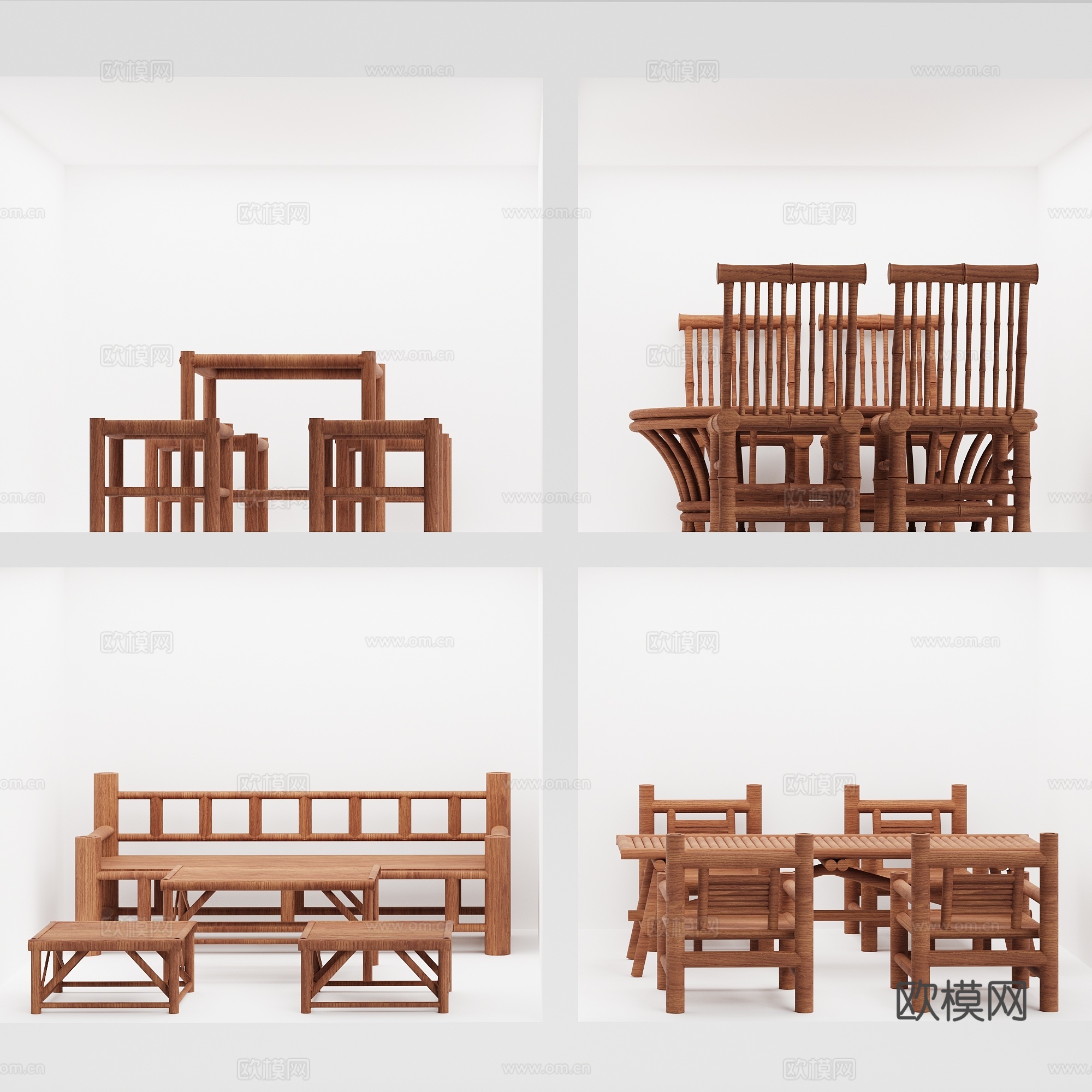 现代新中式 户外庭院花园桌椅 餐桌椅 复古老式竹木桌椅su模型下载（渲染图1）