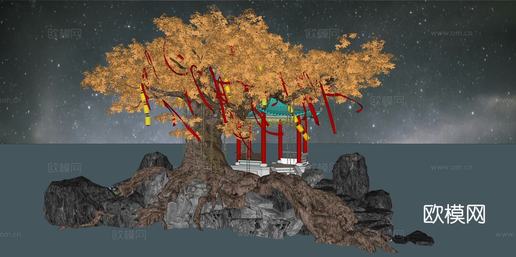 网红打卡国潮古风中秋灯笼集市美陈su模型